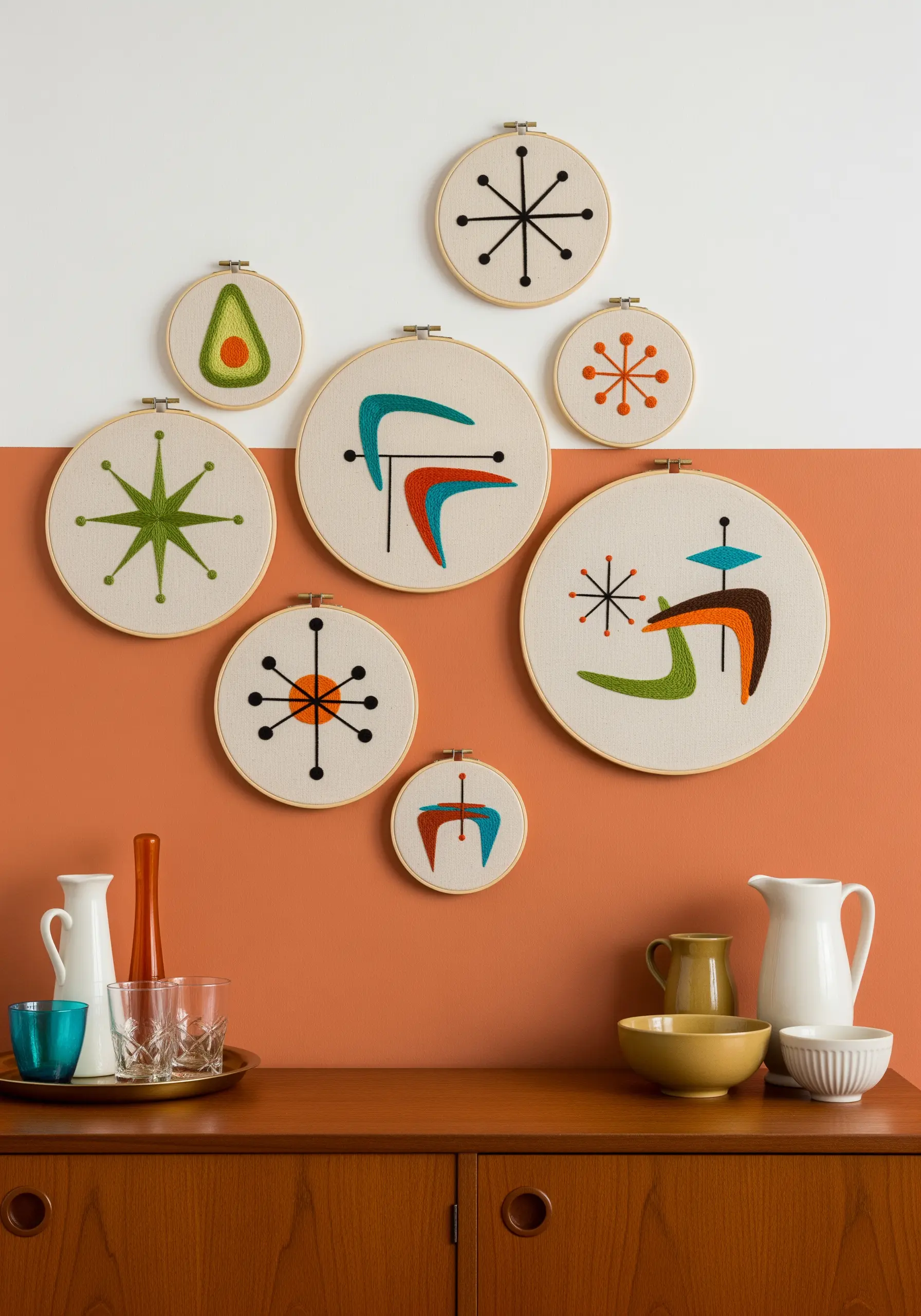 A collection of mid-century modern embroidery hoops with abstract starbursts and boomerang shapes.