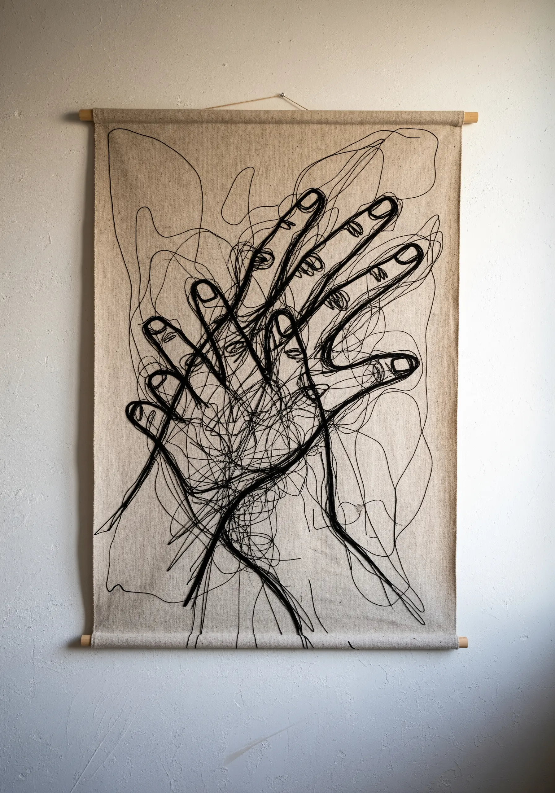 Expressive, chaotic black thread embroidery of overlapping hands on a wall hanging.