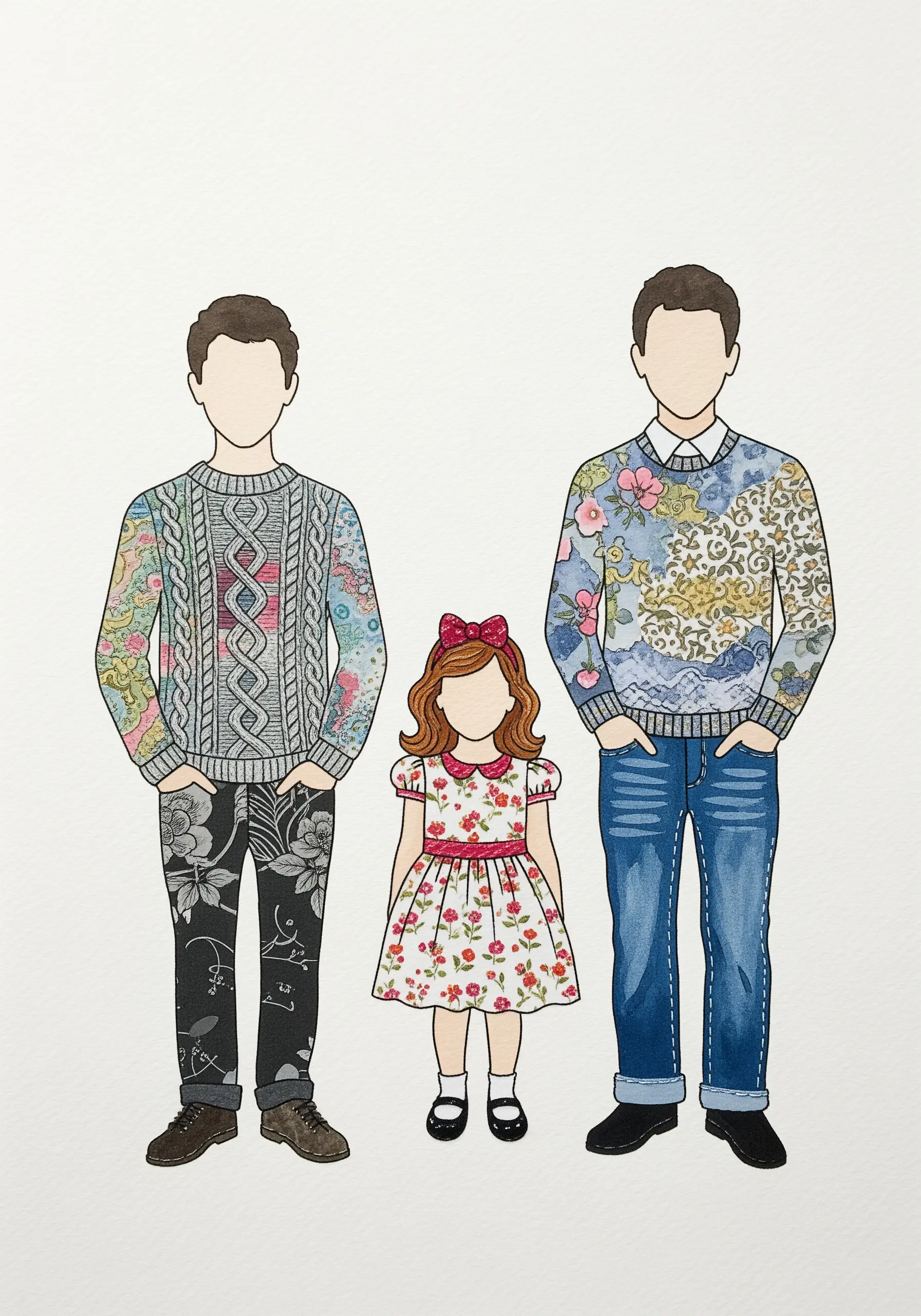 Paper doll style illustrations with clothing made from patterned paper collage.