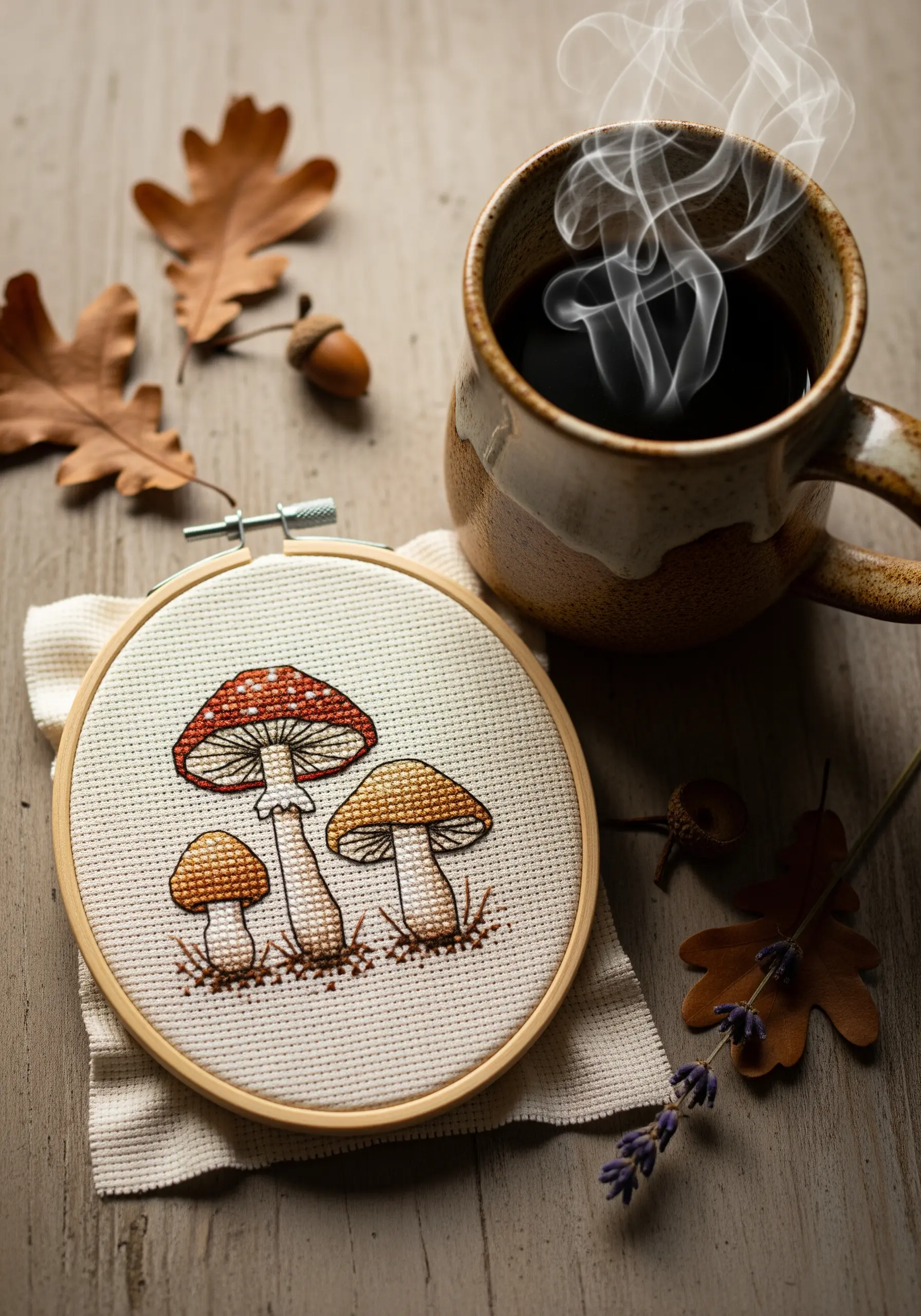 Cross-stitched mushrooms with blackwork outlines on Aida cloth in a hoop.