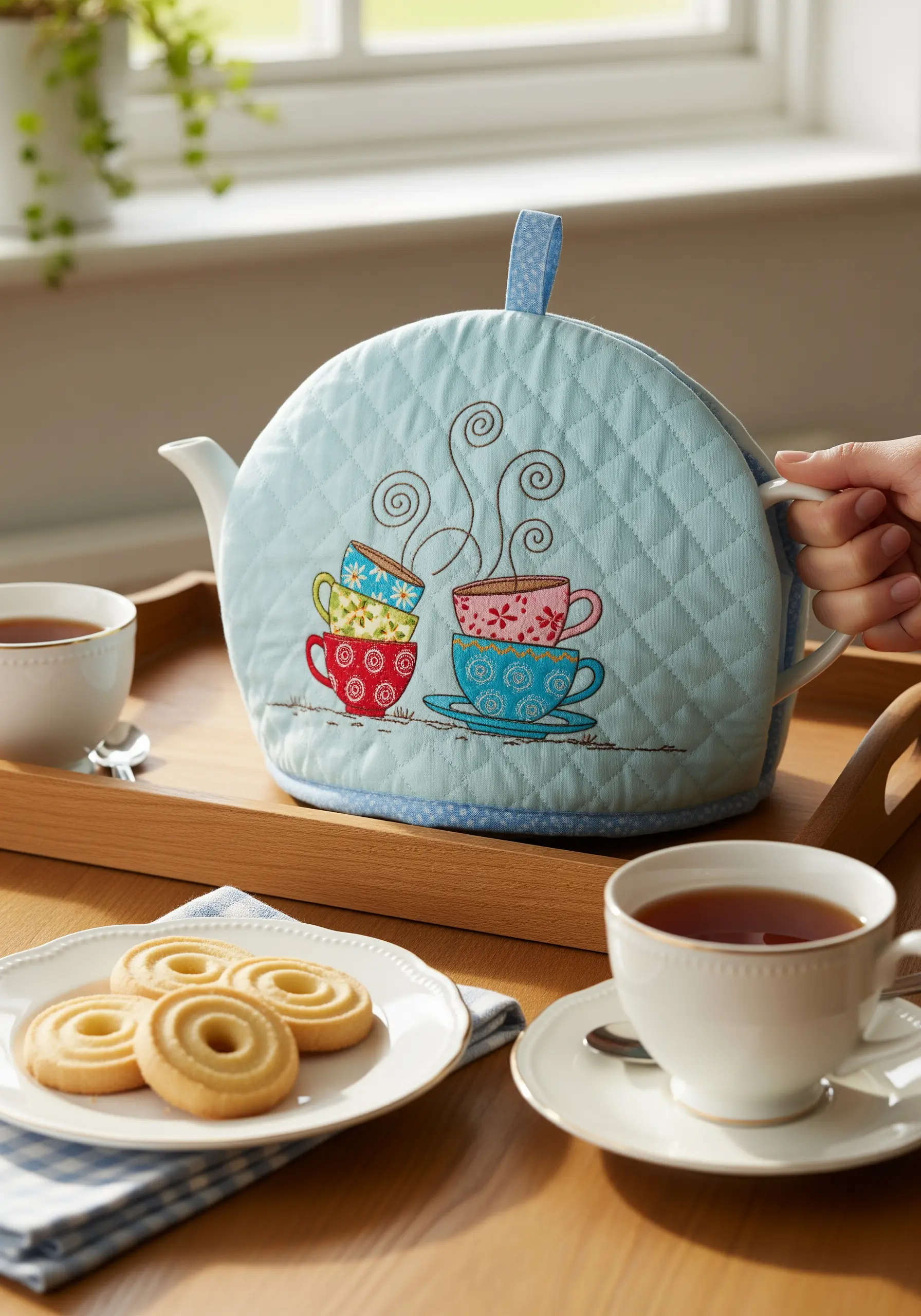 A light blue quilted tea cosy embroidered with a whimsical stack of colorful teacups.
