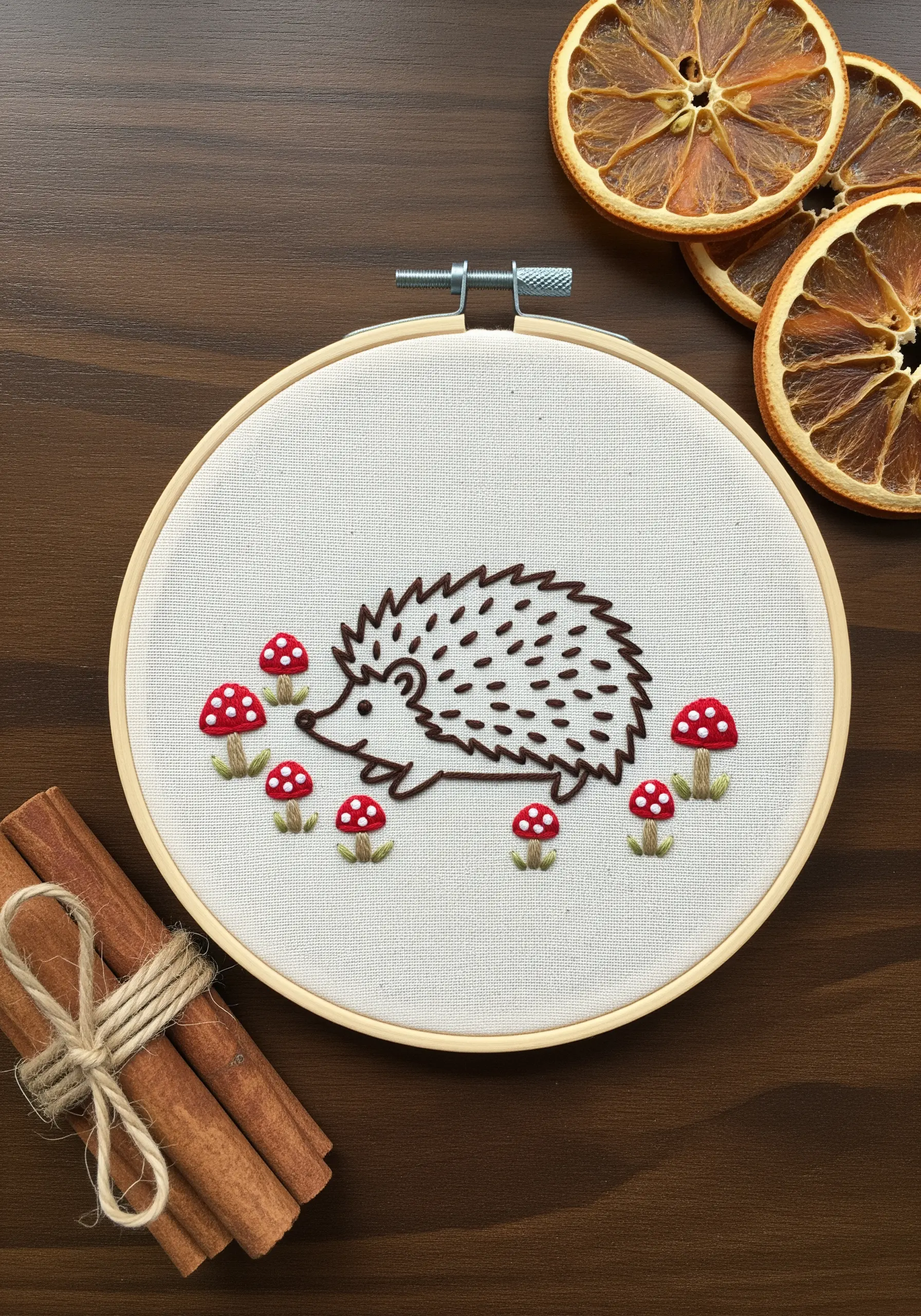 Simple hedgehog embroidery with straight stitch quills and red satin stitch mushrooms.