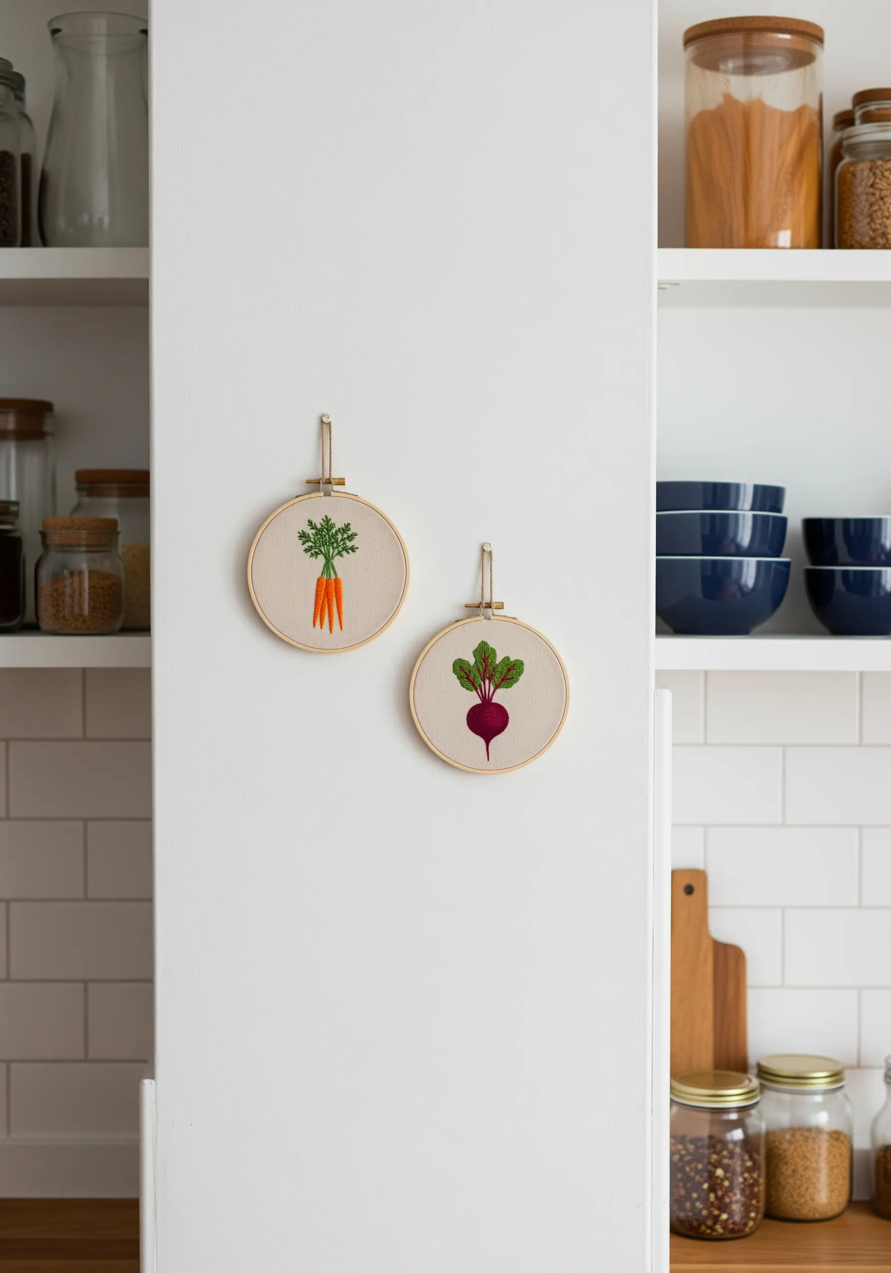 Two small embroidery hoops with a carrot and a beet for kitchen decor.