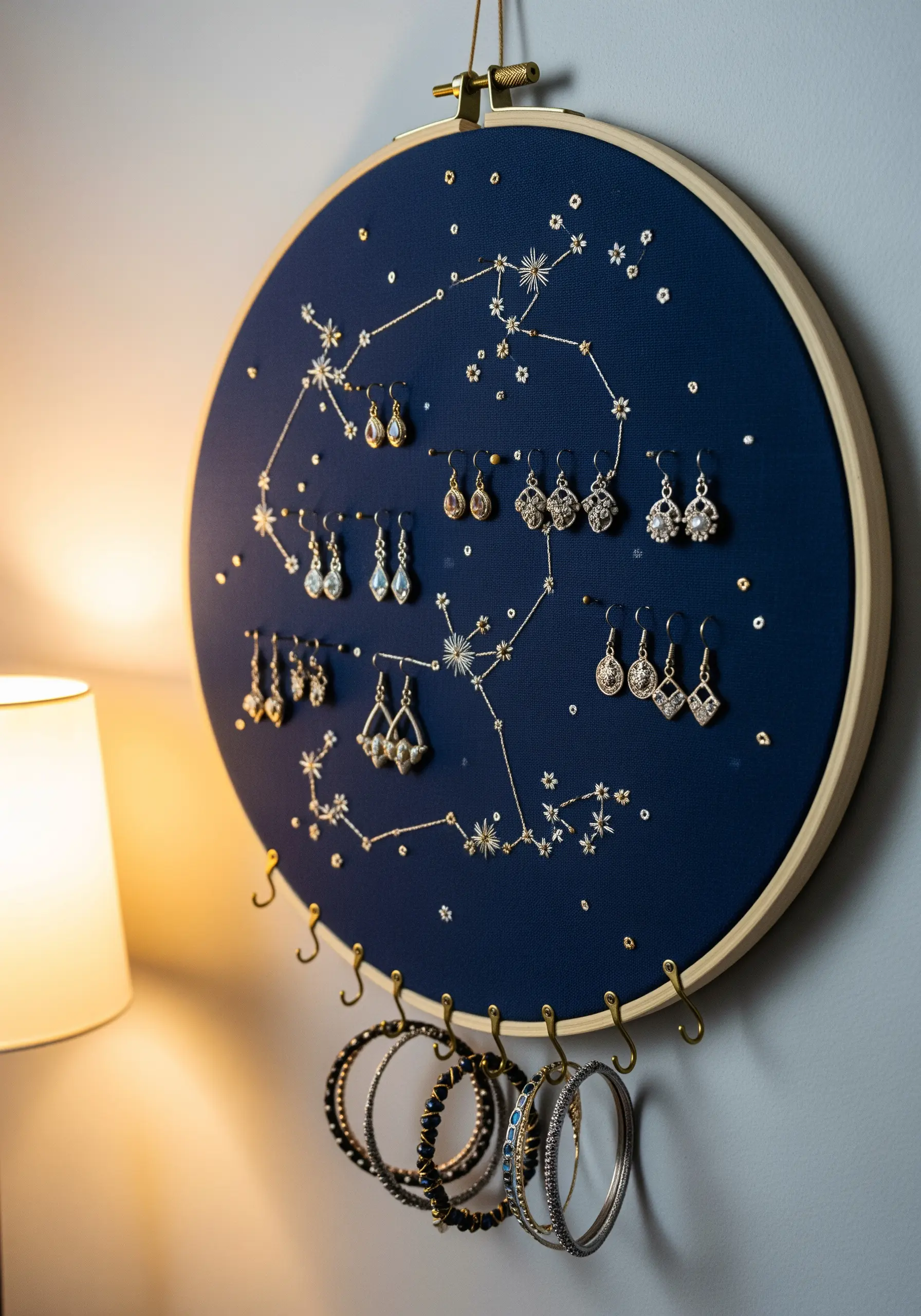 Embroidered constellation map on dark blue fabric used as a hoop jewelry organizer.