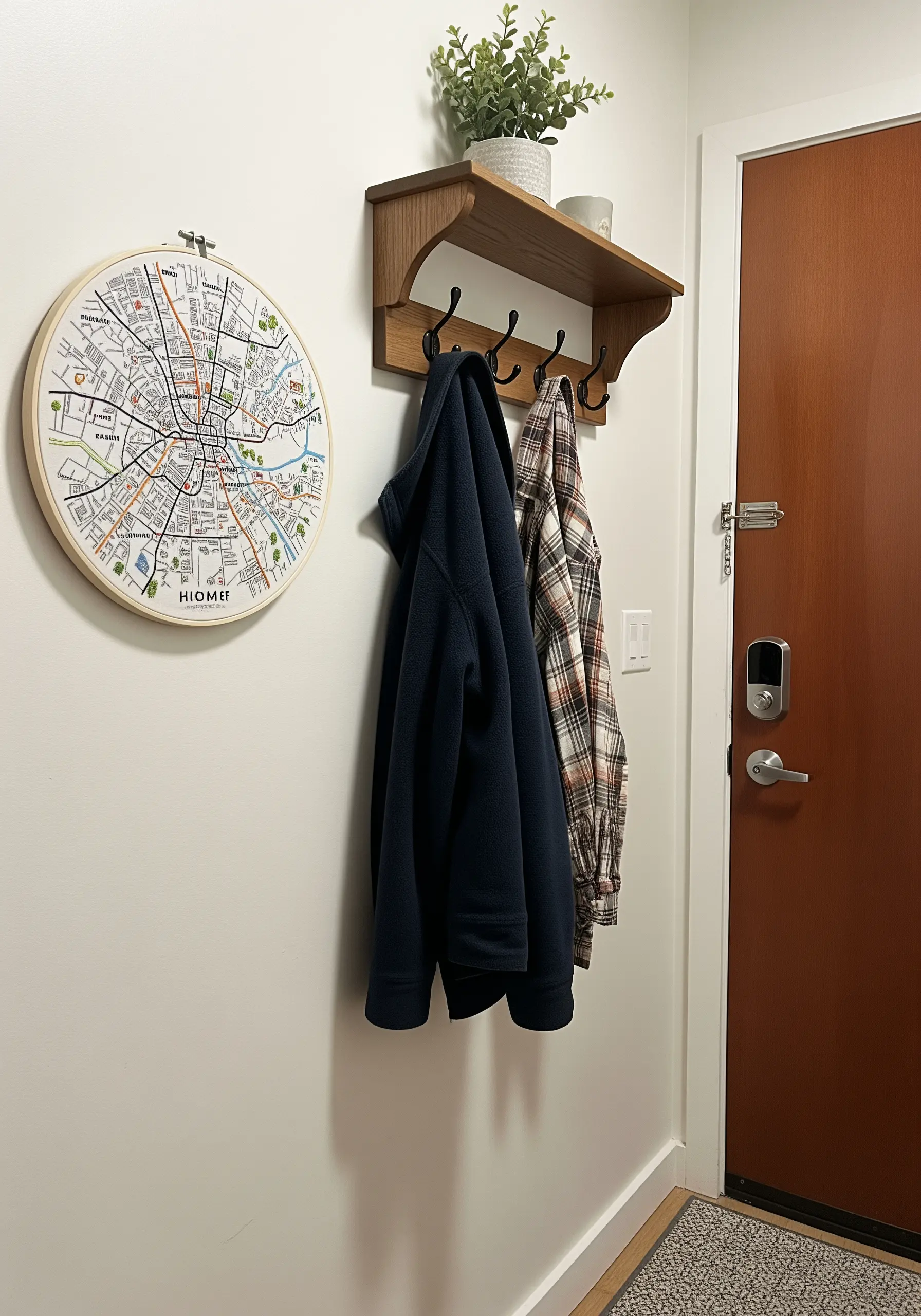 An embroidery hoop featuring a detailed black and white street map of a city.
