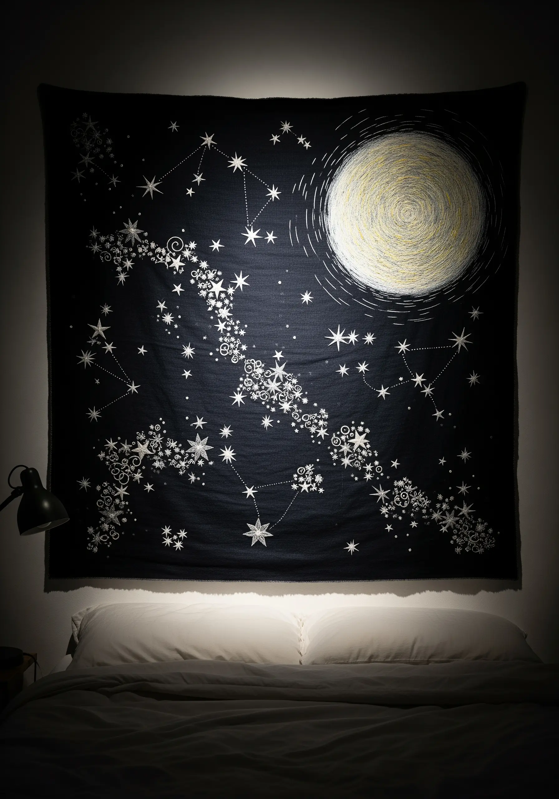 A large black wall tapestry embroidered with a celestial map of stars and a large, textured moon.