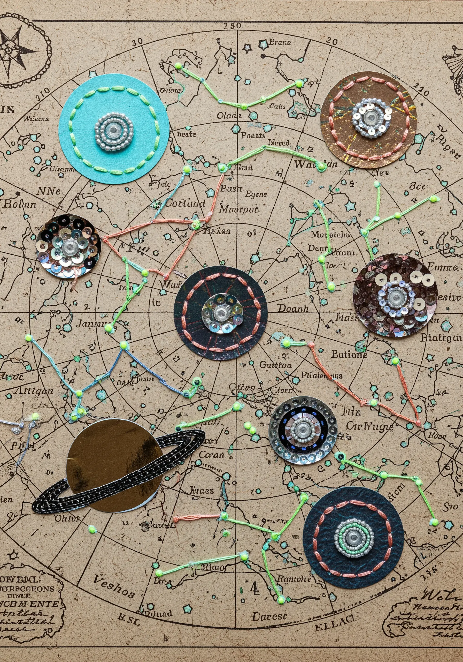 A vintage celestial map embellished with stitched constellations and collaged planets made of paper and sequins.