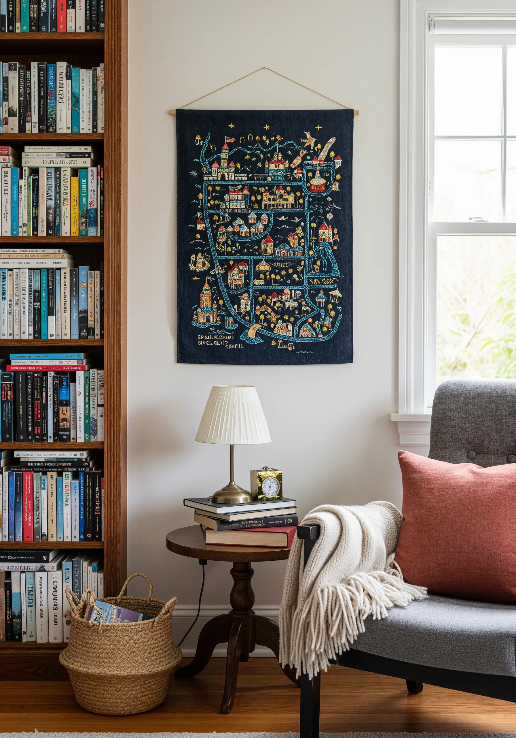 An embroidered tapestry of a whimsical, illustrative map with colorful details.