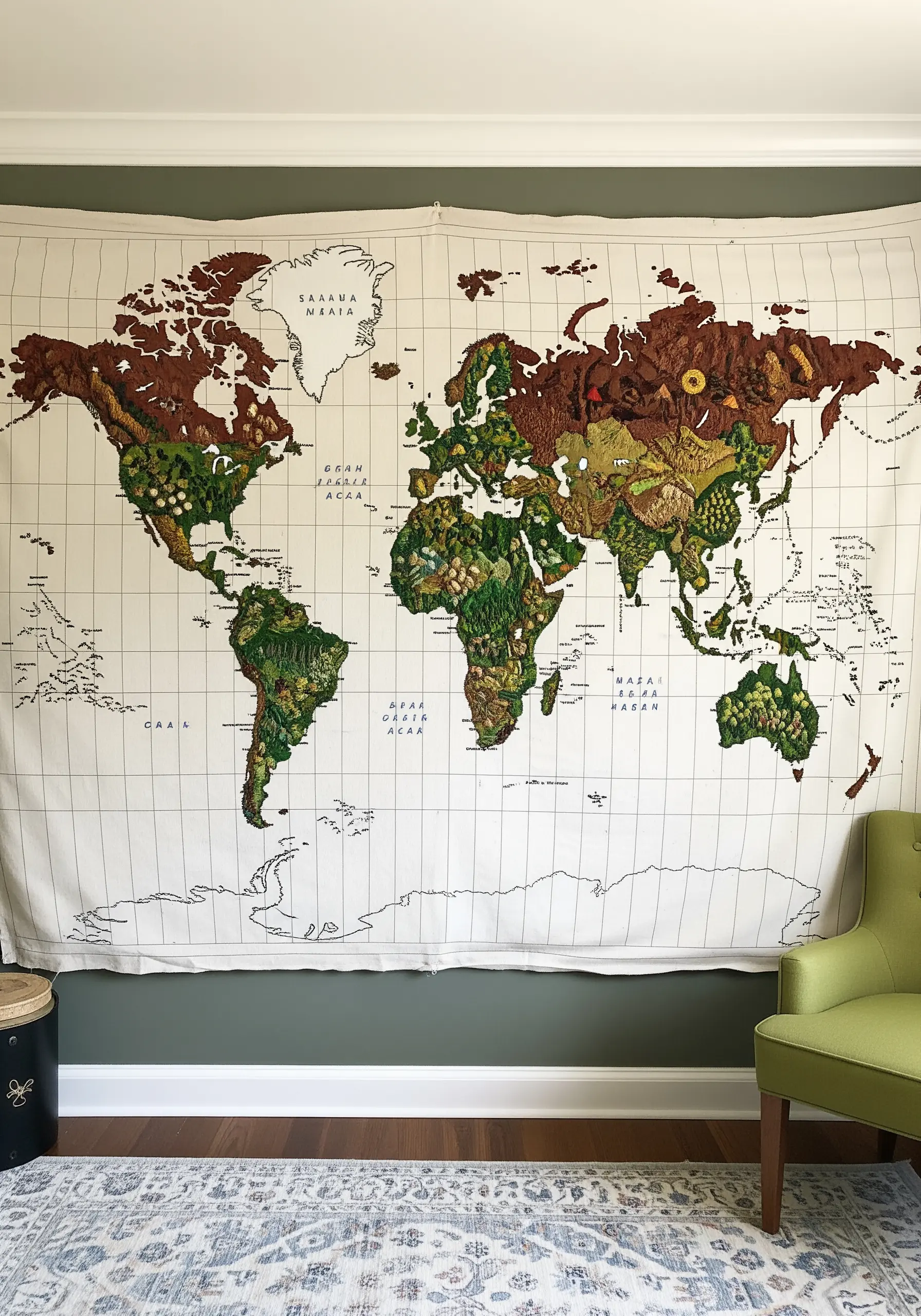 A large, embroidered world map tapestry where continents are filled with textural stitches.