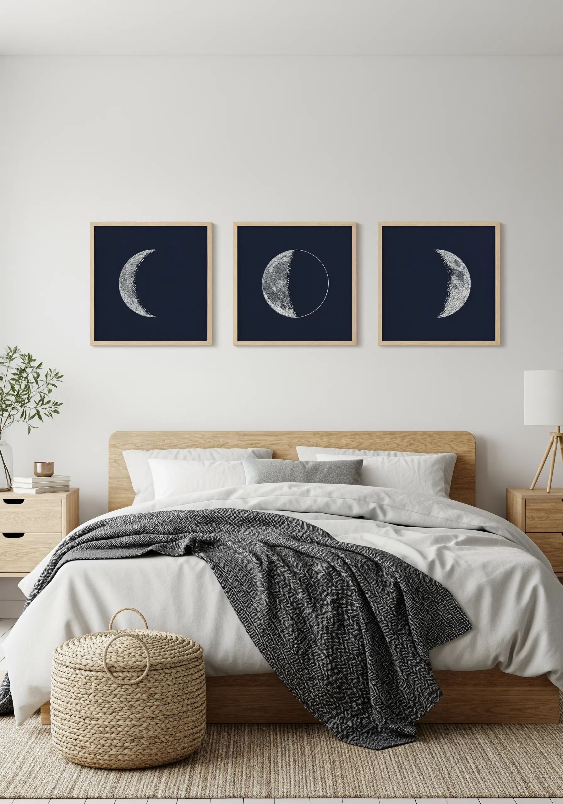 Three framed embroideries of different moon phases hanging above a modern bed