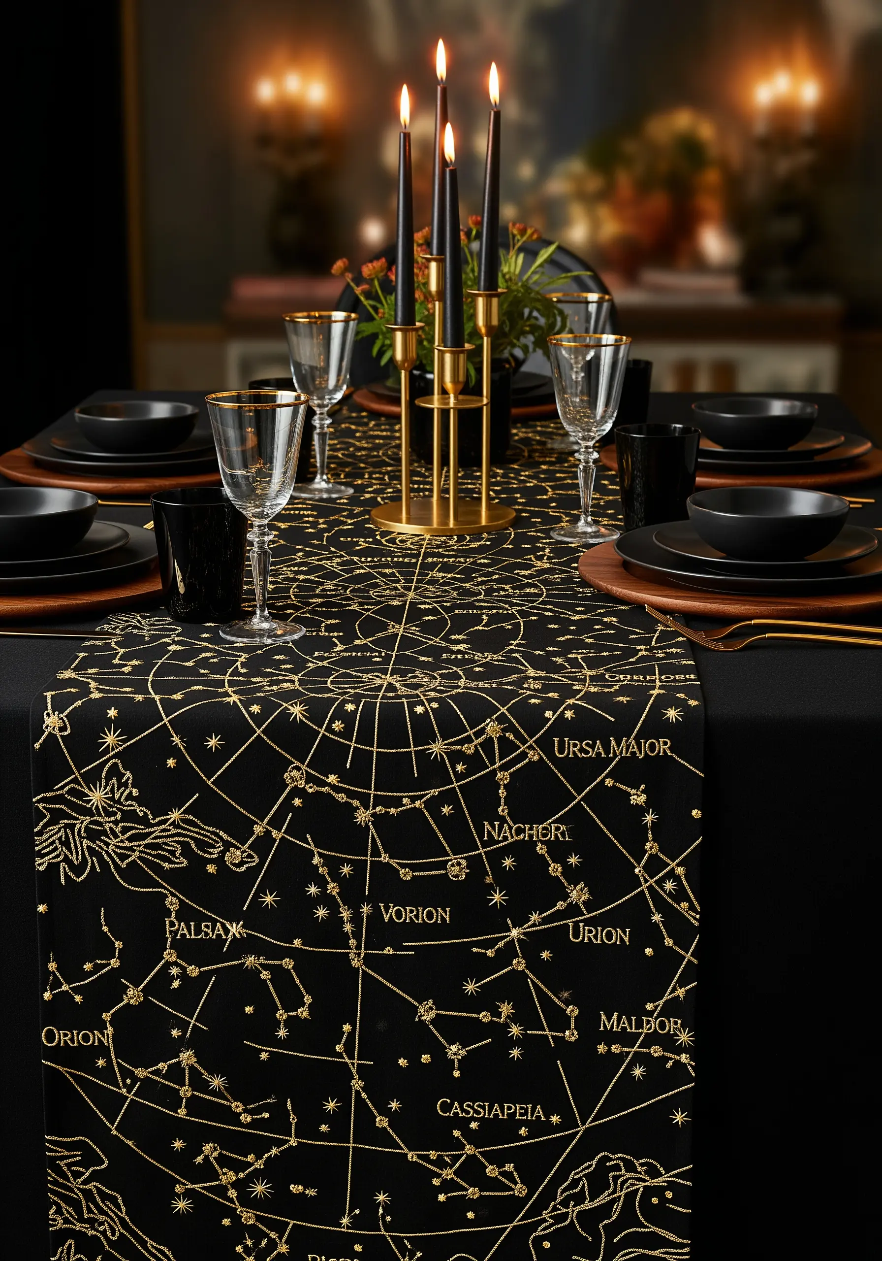 A black table runner embroidered with a detailed gold metallic star chart, including text.