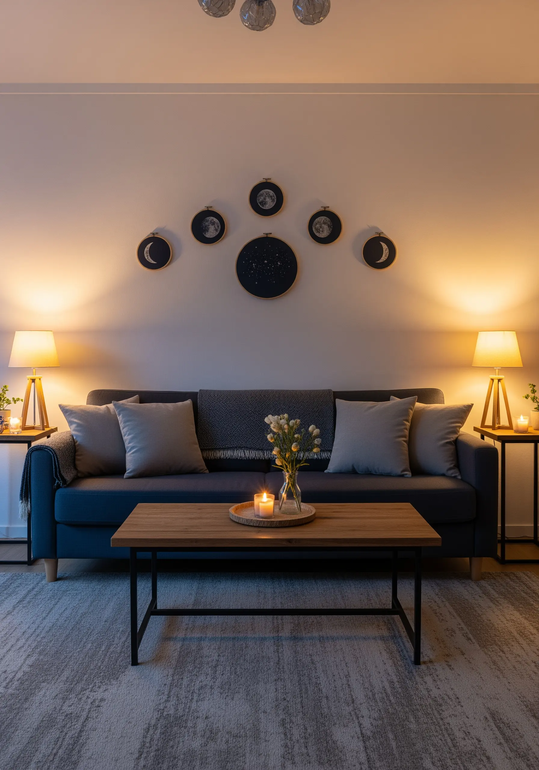 A collection of small embroidery hoops showing different phases of the moon