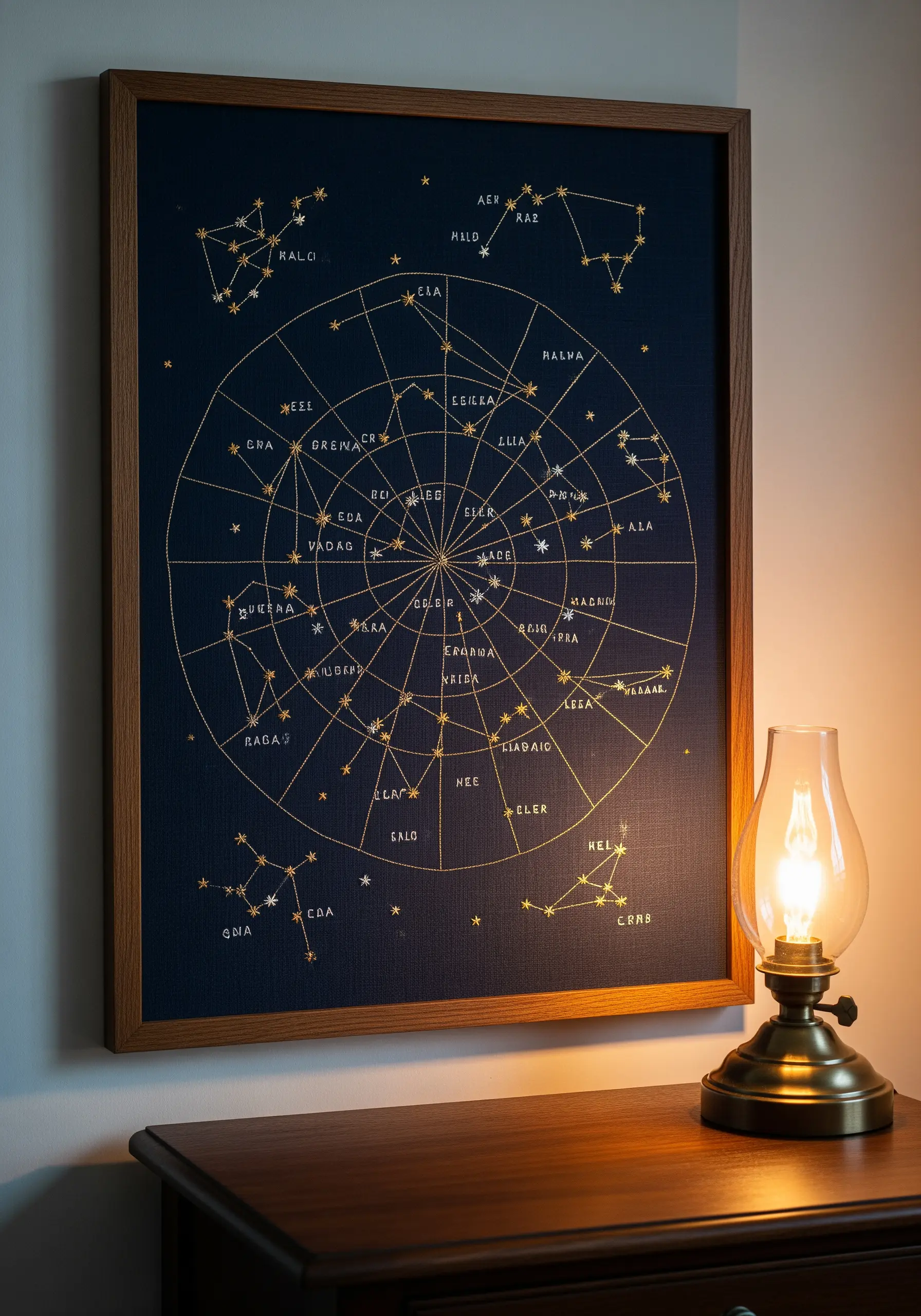A framed constellation map embroidered in gold metallic thread on dark navy fabric.