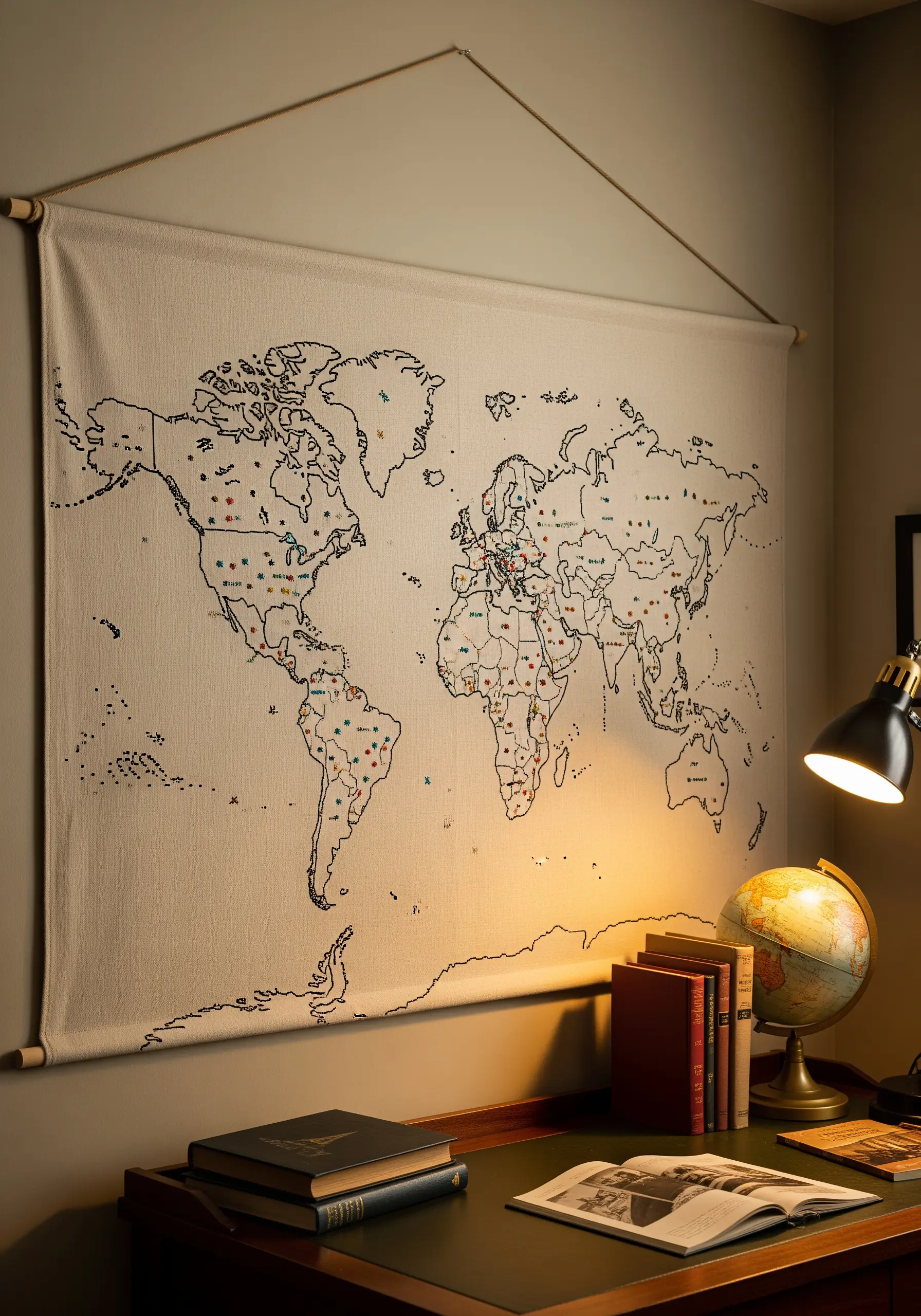 Large embroidered world map tapestry hanging on a wall with colorful location markers.