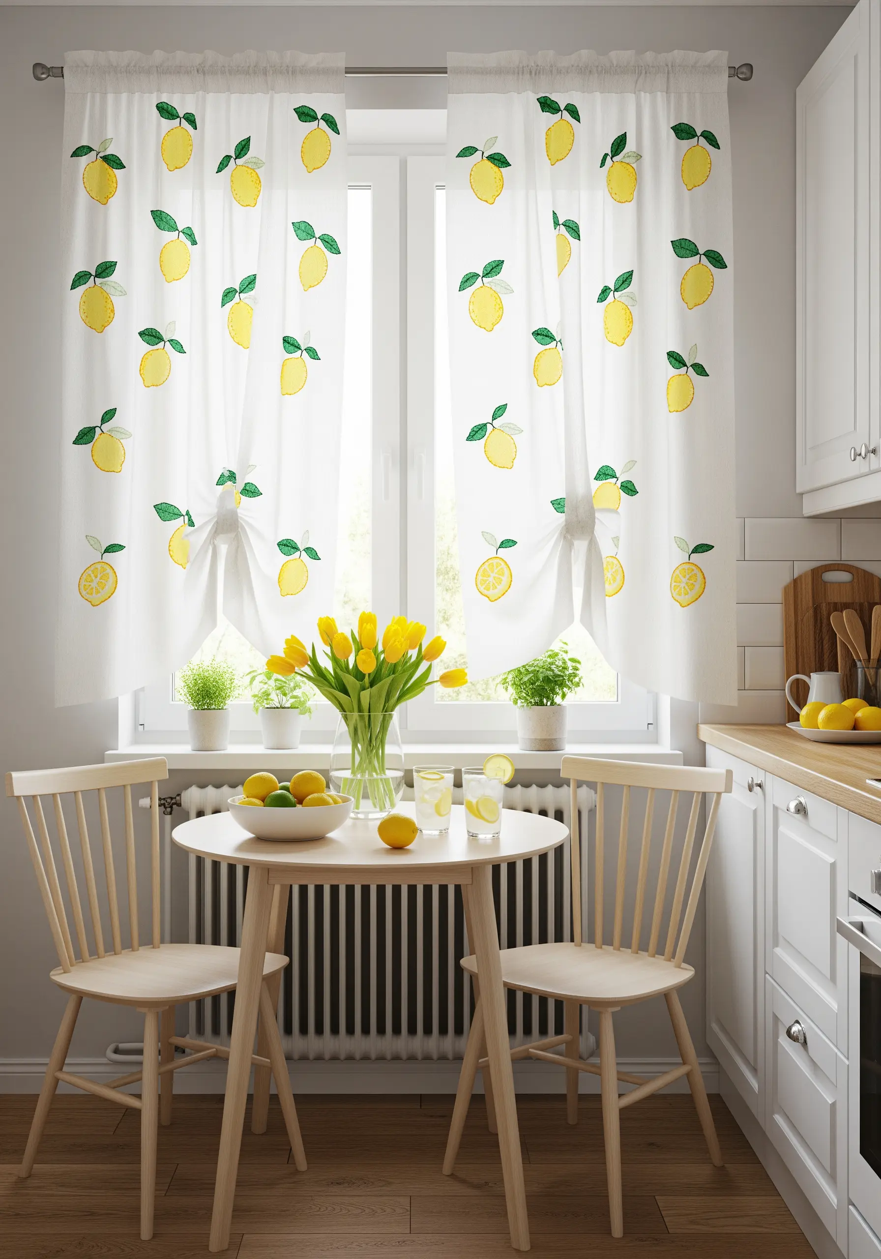 A cheerful pattern of embroidered lemons on a white kitchen tie-up curtain.