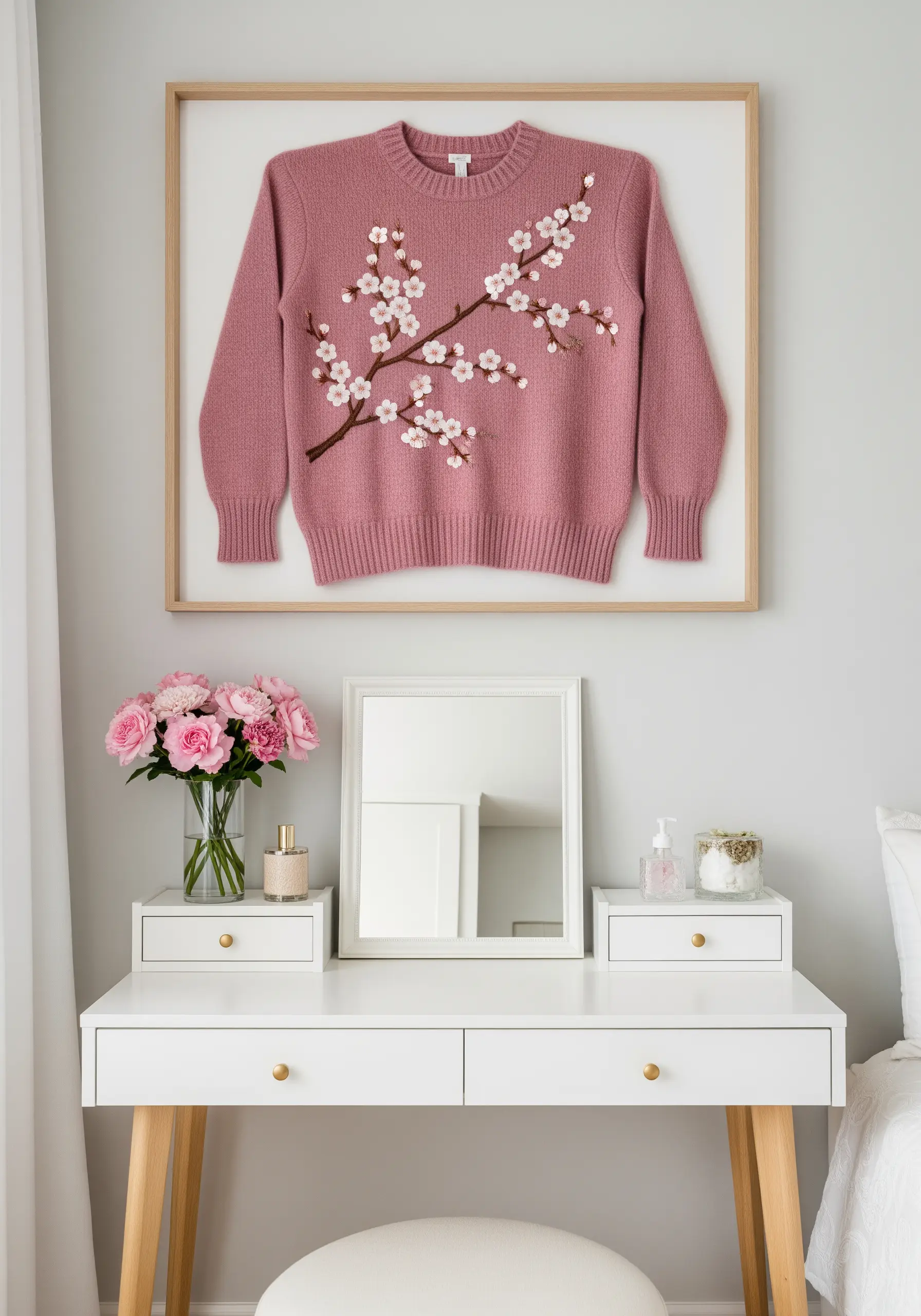 A pink sweater with an embroidered cherry blossom branch, mounted and framed as wall art.