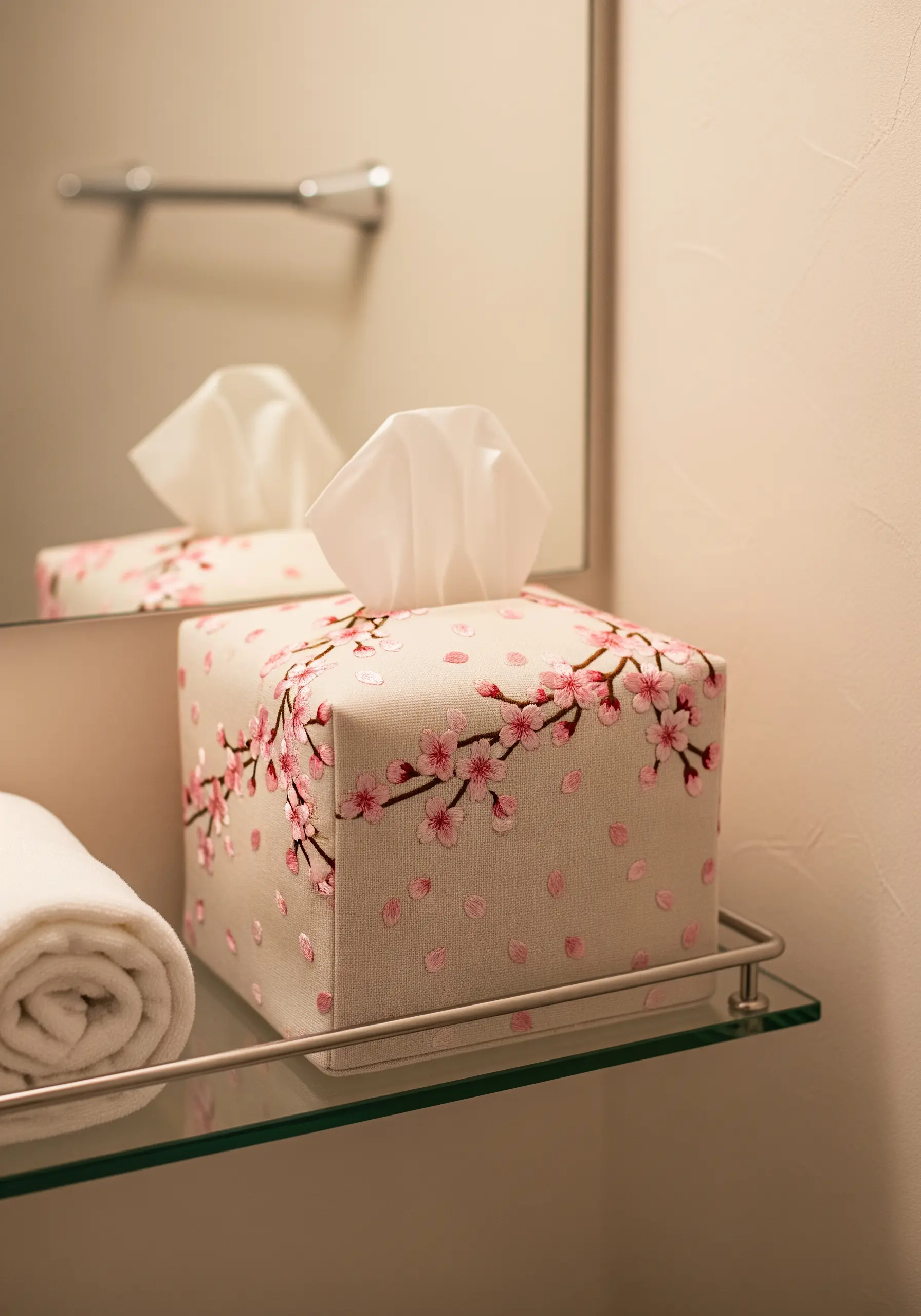 A fabric tissue box cover embroidered with delicate pink cherry blossoms and falling petals.