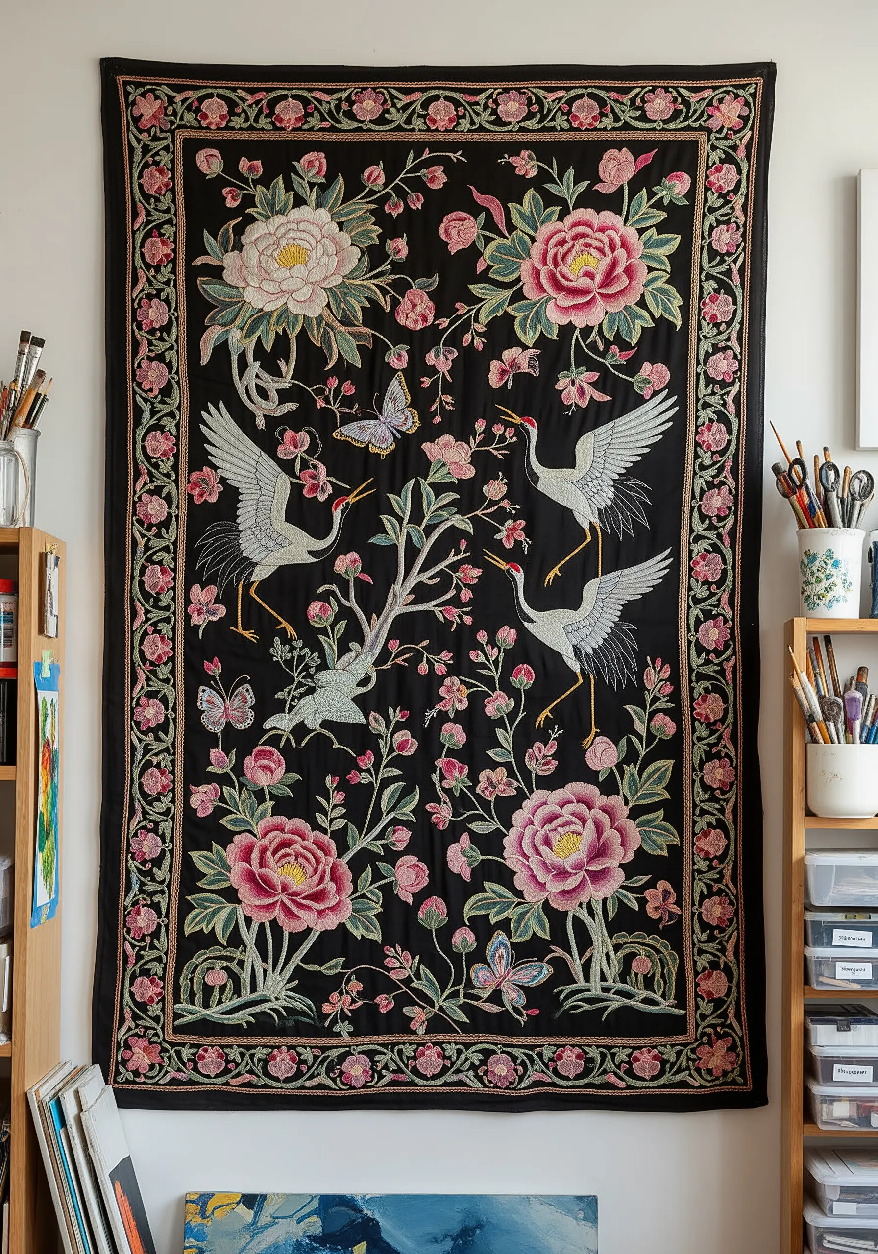 A black Chinoiserie-style embroidered tapestry featuring cranes, butterflies, and peonies.