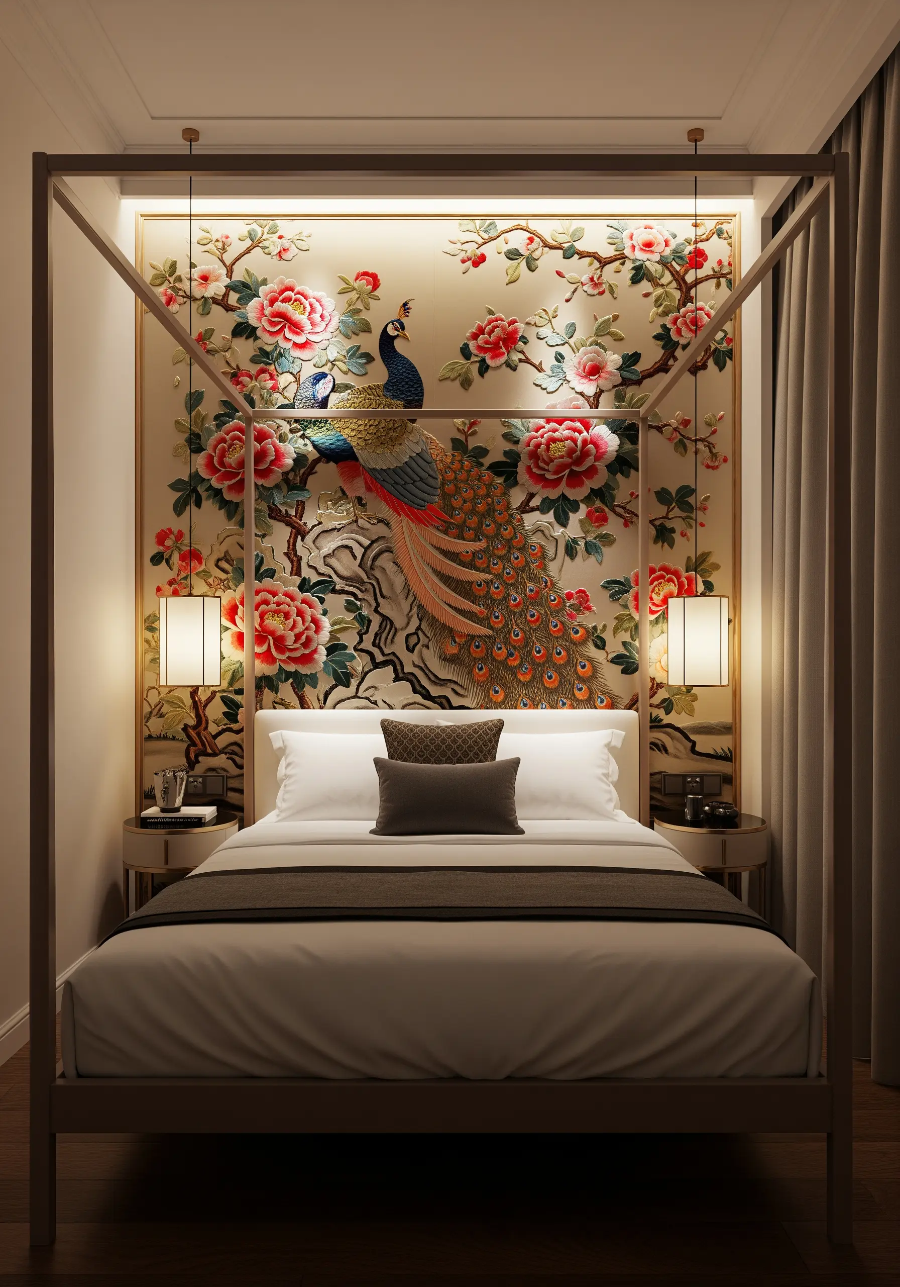 An ornate, full-wall embroidered mural of a peacock and peonies behind a four-poster bed.