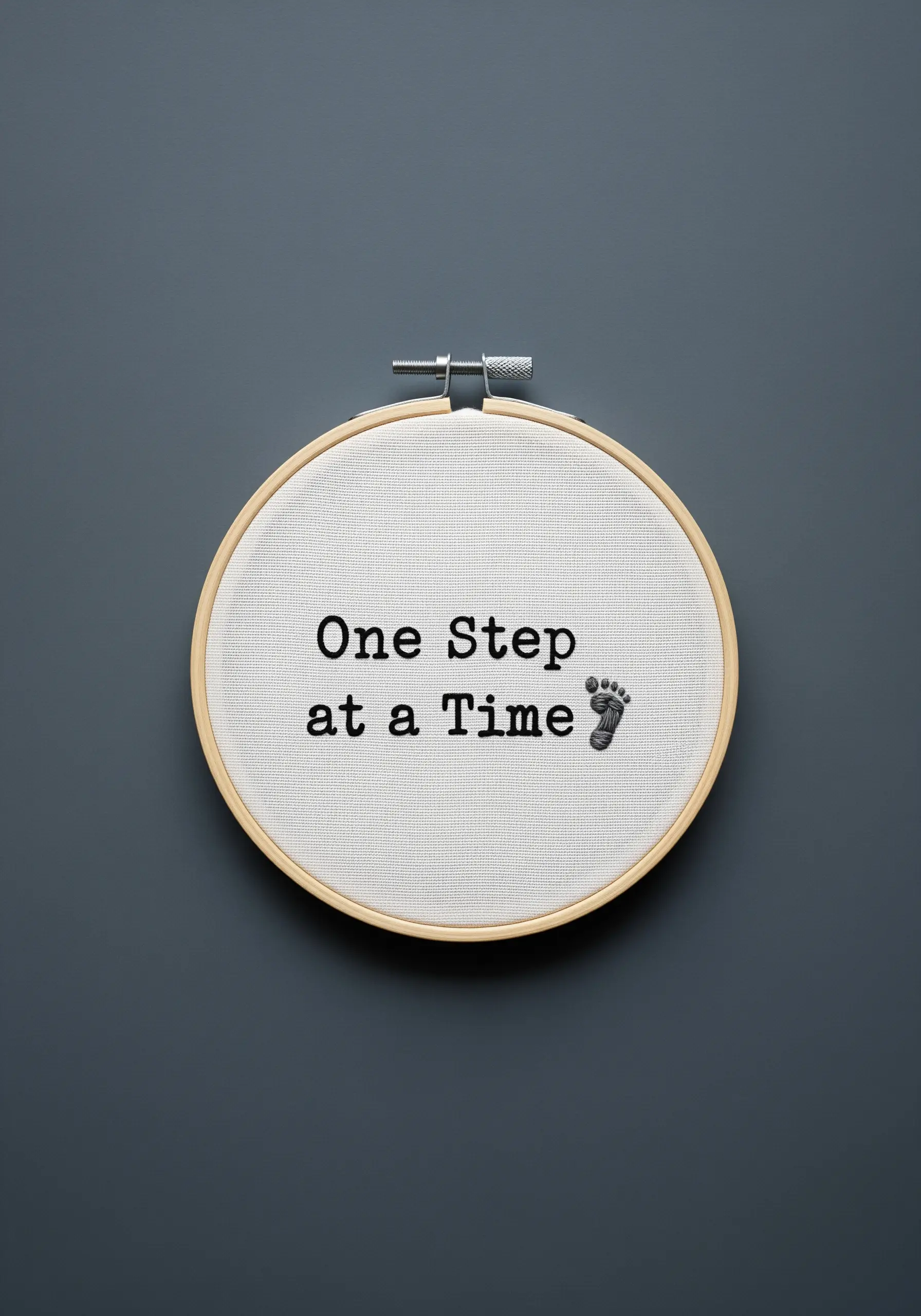 'One Step at a Time' in a typewriter font with a small footprint icon.
