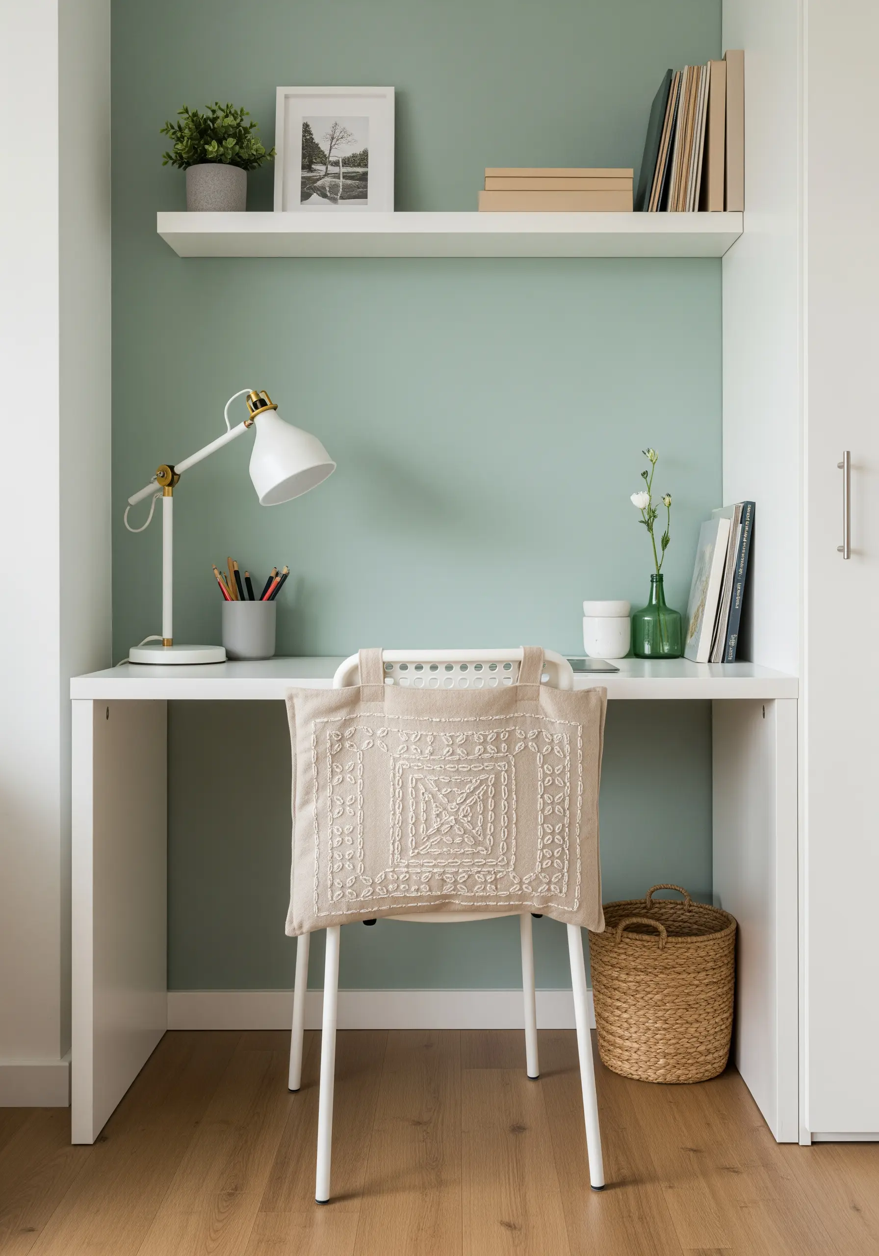 Tone-on-tone geometric medallion embroidered on a chair back cushion