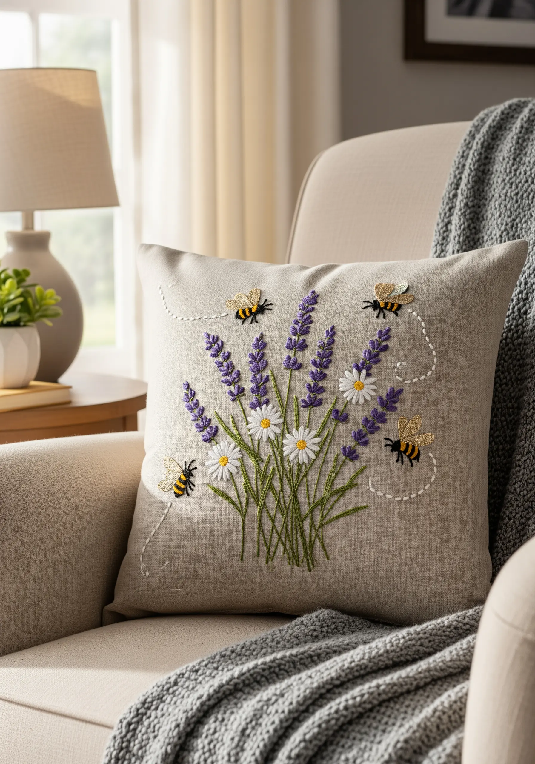 An embroidered cushion with a bouquet of lavender, daisies, and buzzing bees.