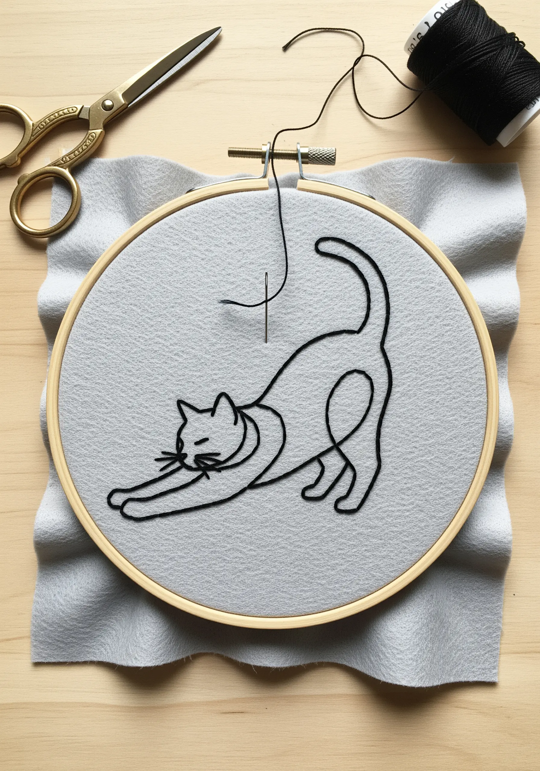 Minimalist line art embroidery of a stretching cat on gray felt.