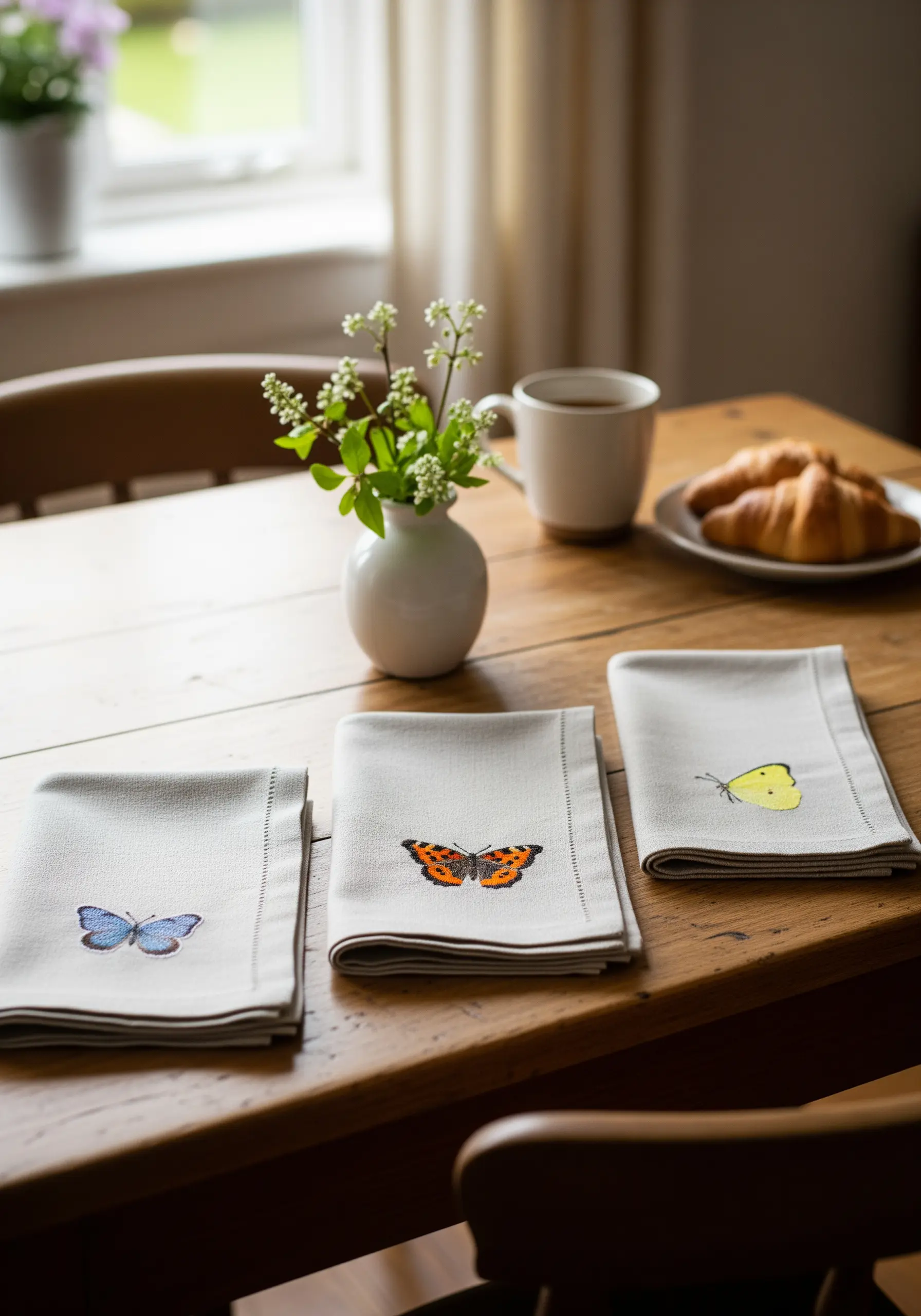 Three linen napkins on a table, each embroidered with a different small butterfly.