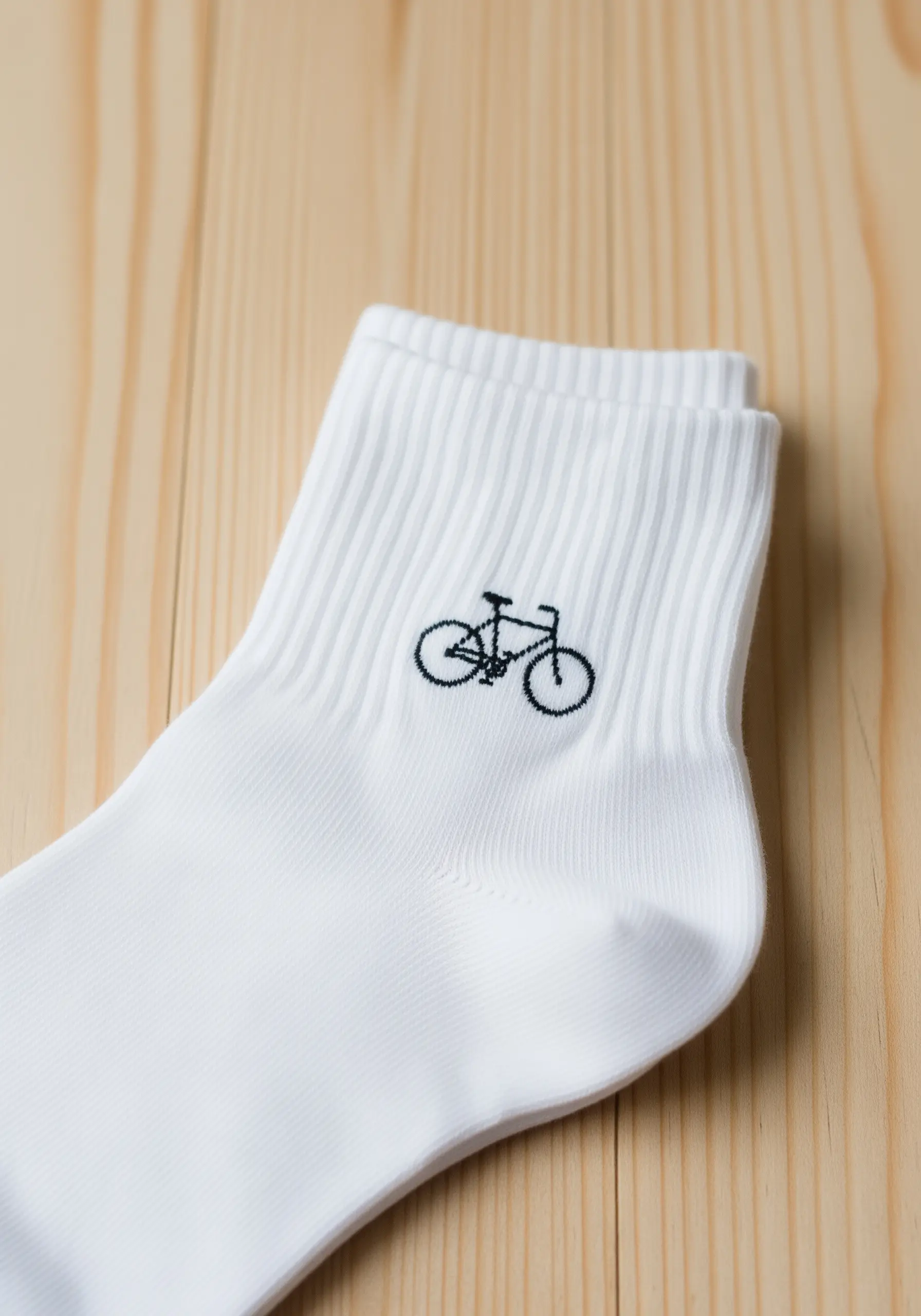 A tiny, detailed outline of a bicycle embroidered in black thread on a white ribbed sock.
