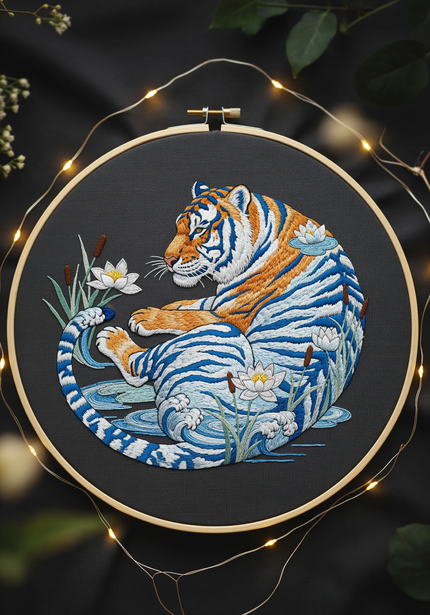 Hoop art of a resting tiger stitched in shades of blue, orange, and white.