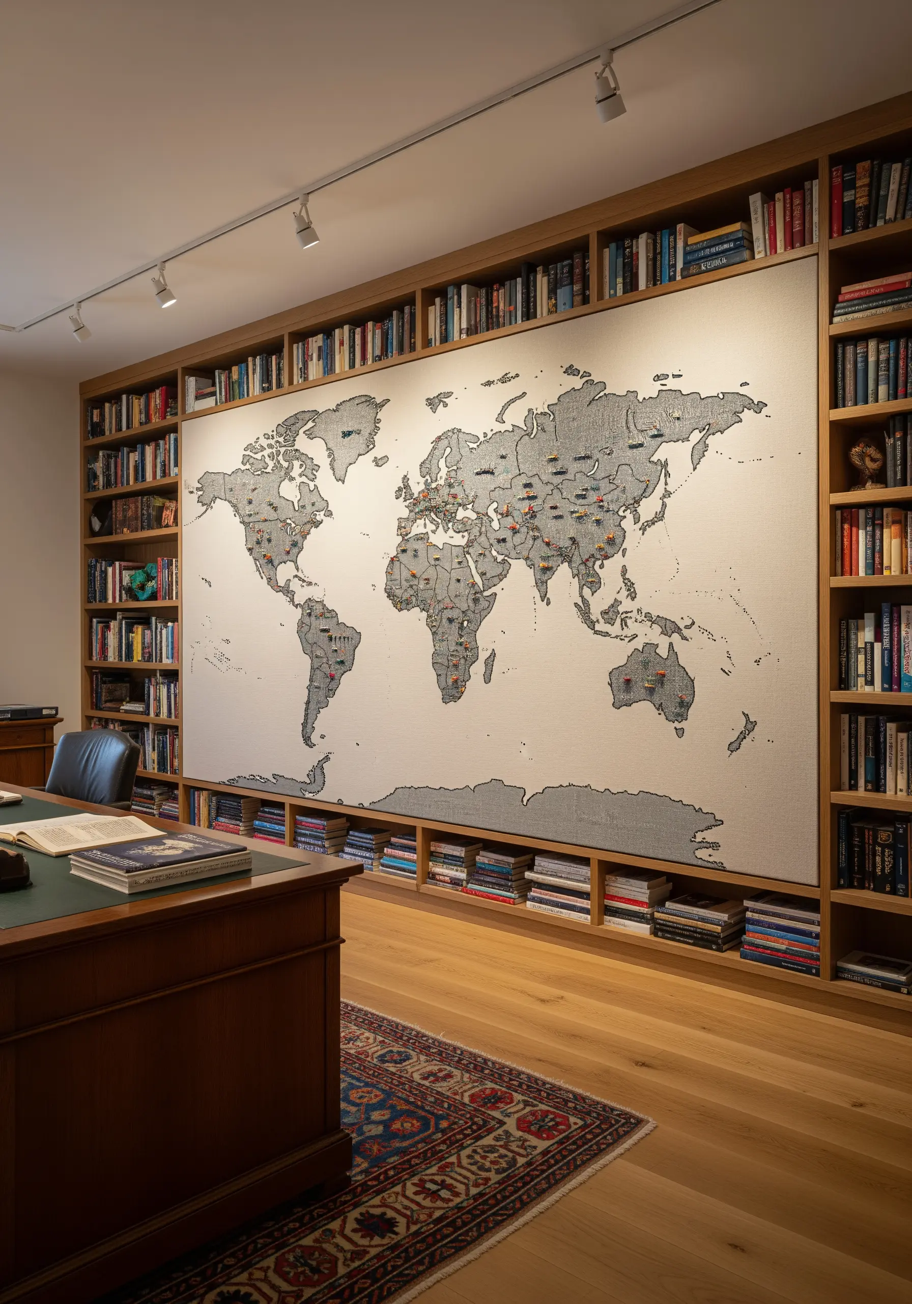 An entire library wall covered with a large-scale embroidered world map.