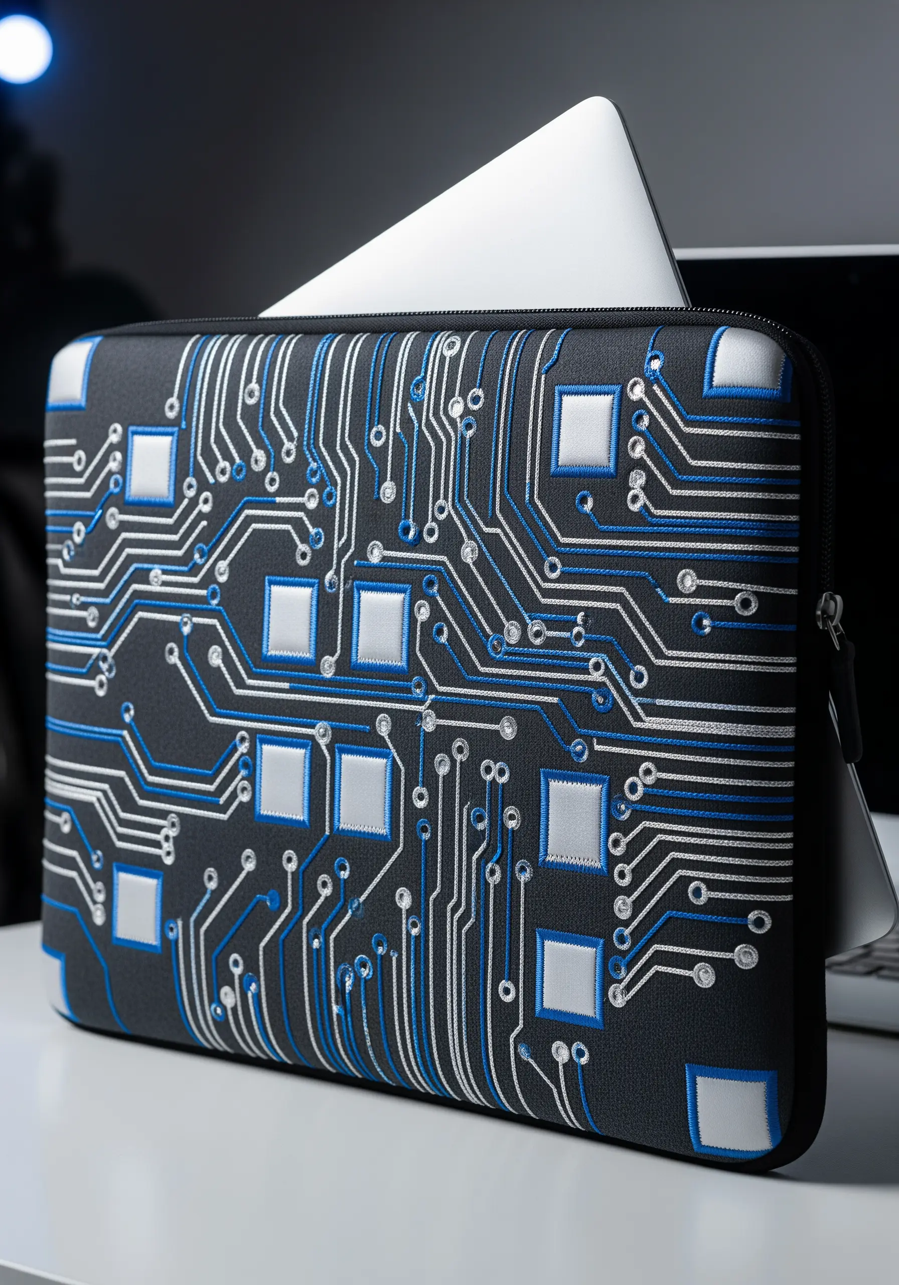 A black laptop sleeve embroidered with a silver, blue, and white circuit board pattern.