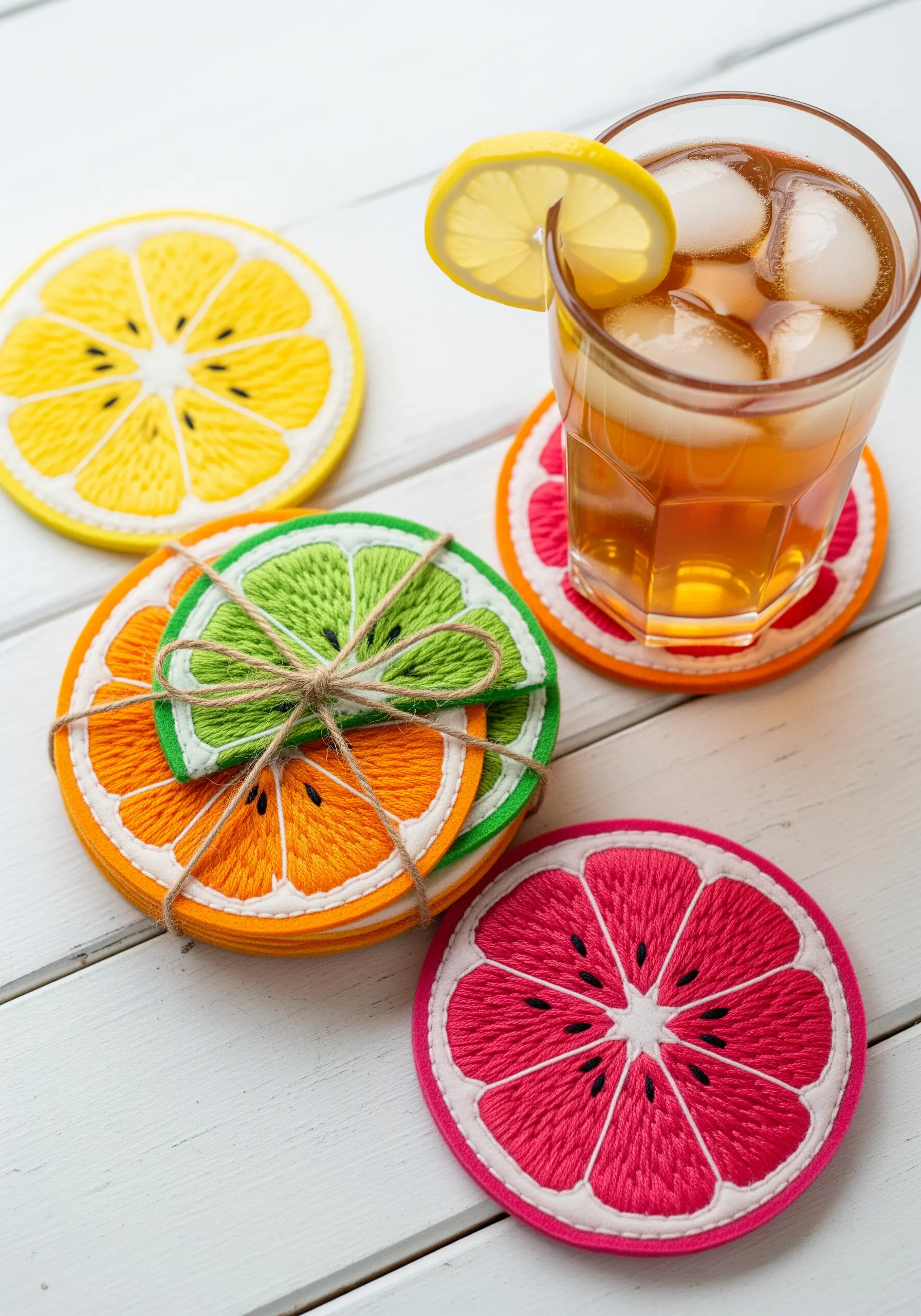 A set of colorful felt coasters embroidered to look like slices of citrus fruits.