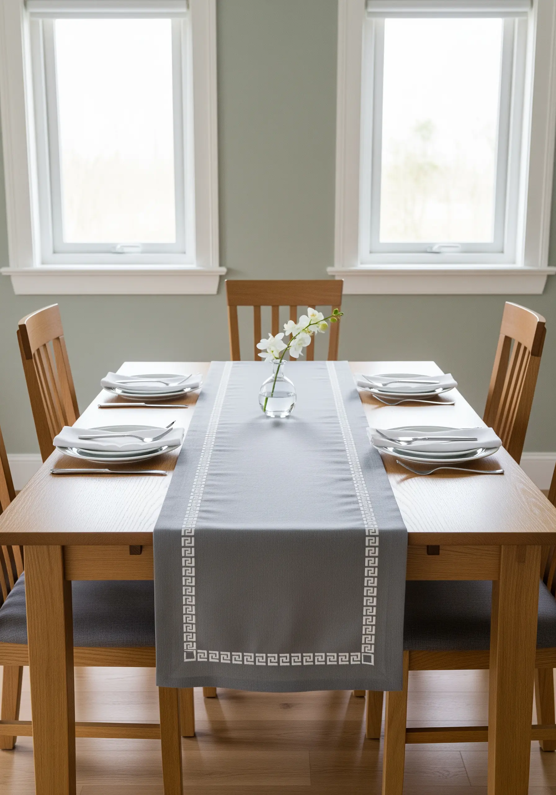 A classic Greek key border embroidered in white thread along the edge of a gray runner