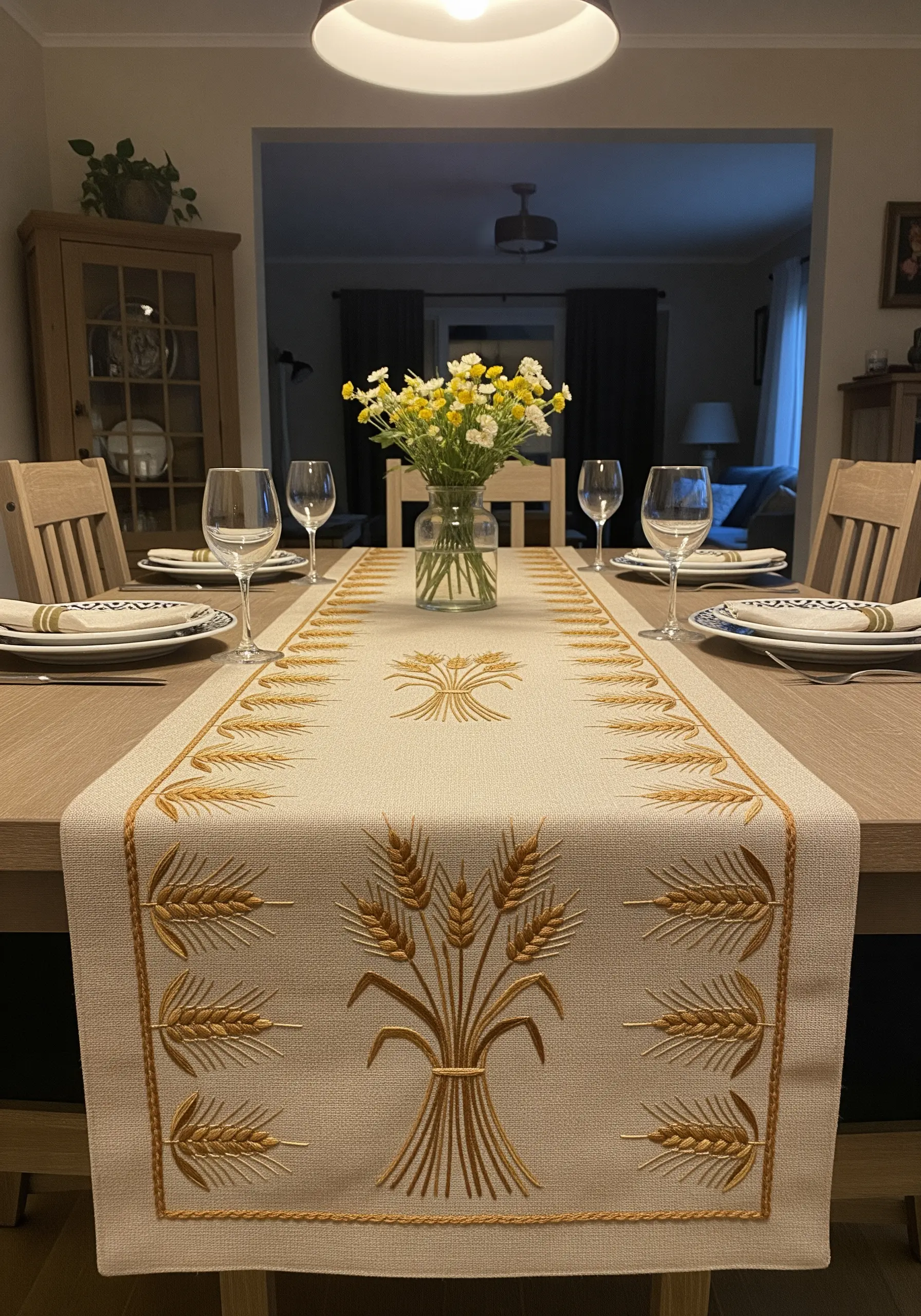 Linen table runner with an elegant embroidered wheat sheaf design in golden-beige thread.
