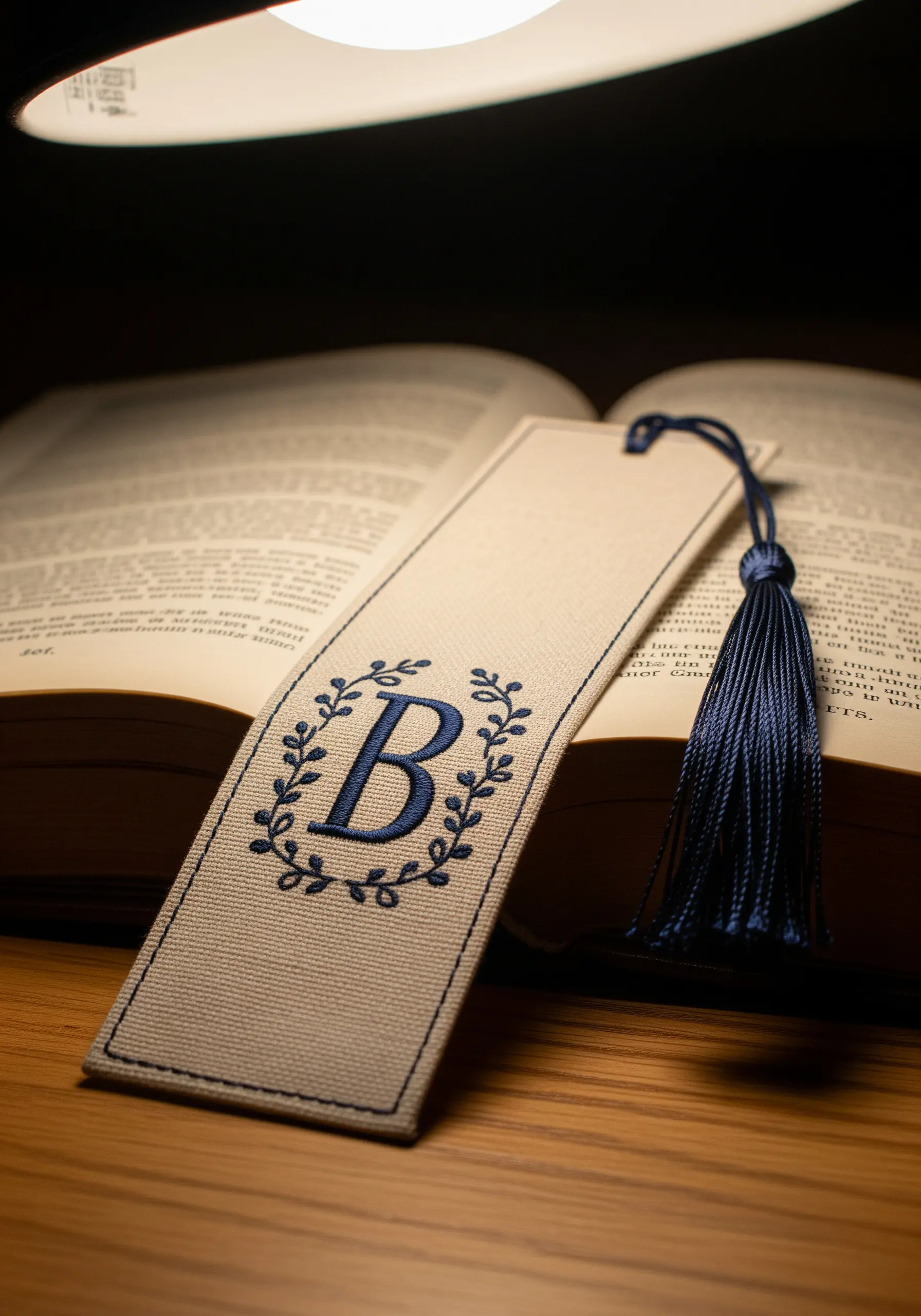 A bookmark with a classic navy blue embroidered monogram 'B' surrounded by a laurel wreath.