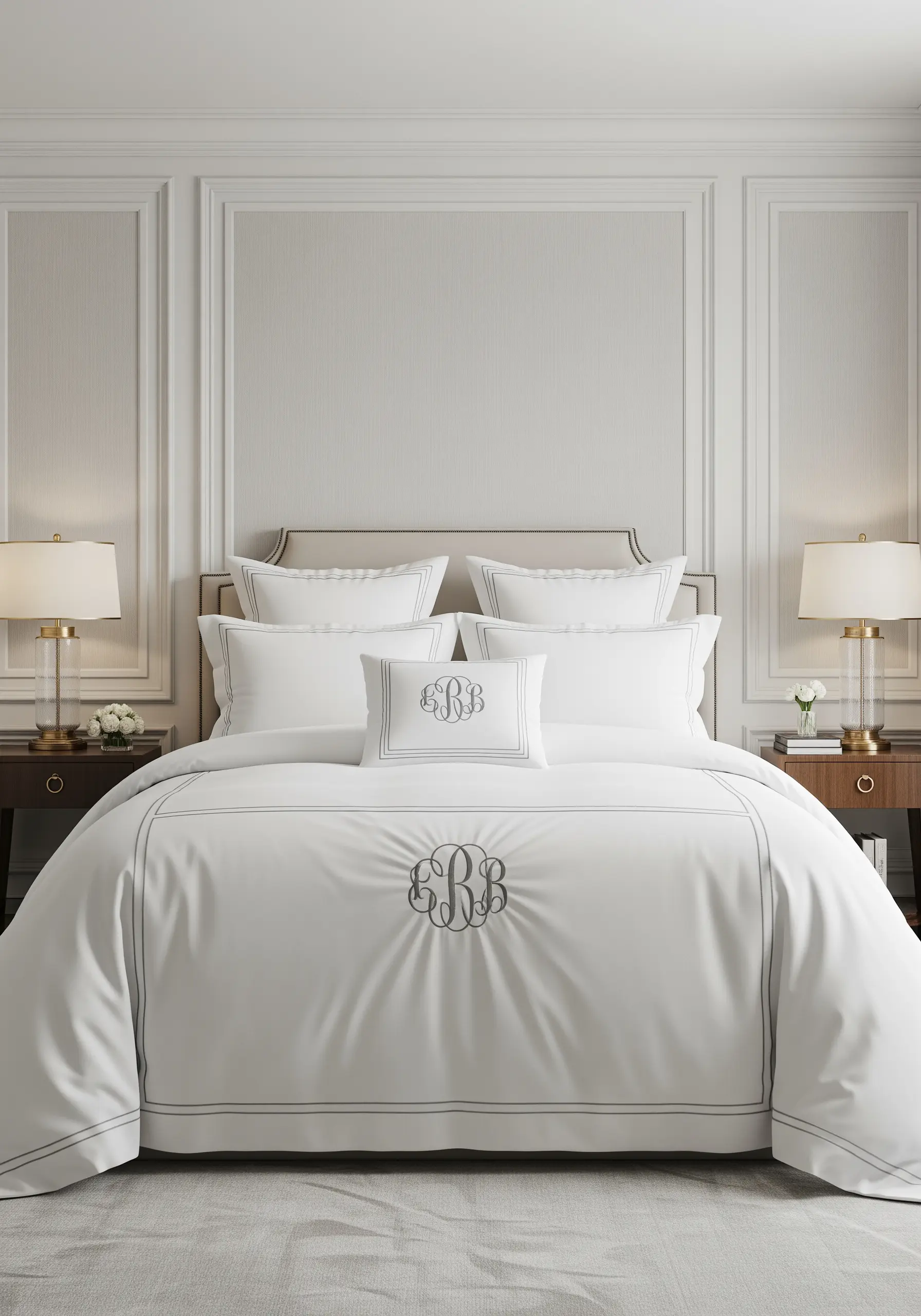 Crisp white duvet cover and pillow shams featuring an elegant, embroidered three-letter monogram in gray.