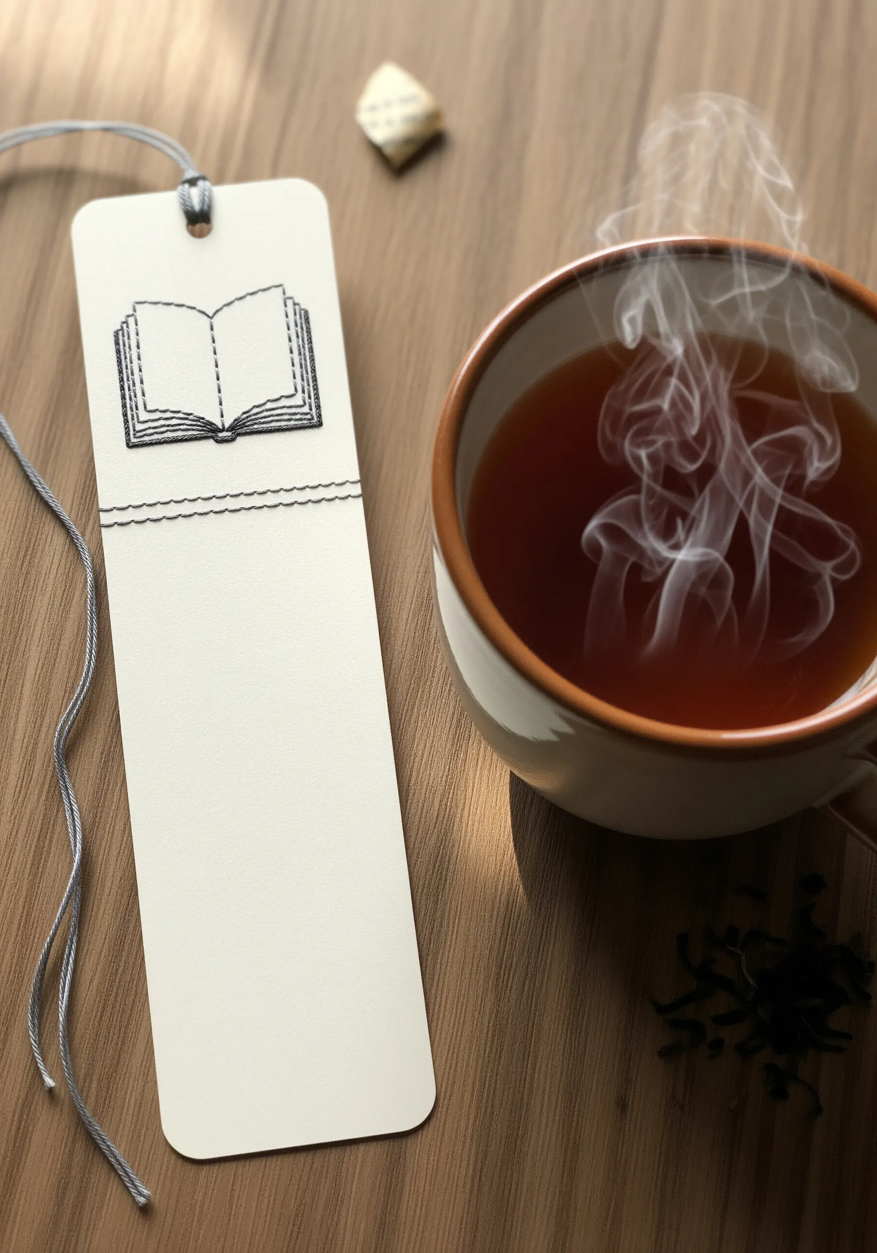 An embroidered bookmark with a simple black outline of an open book.