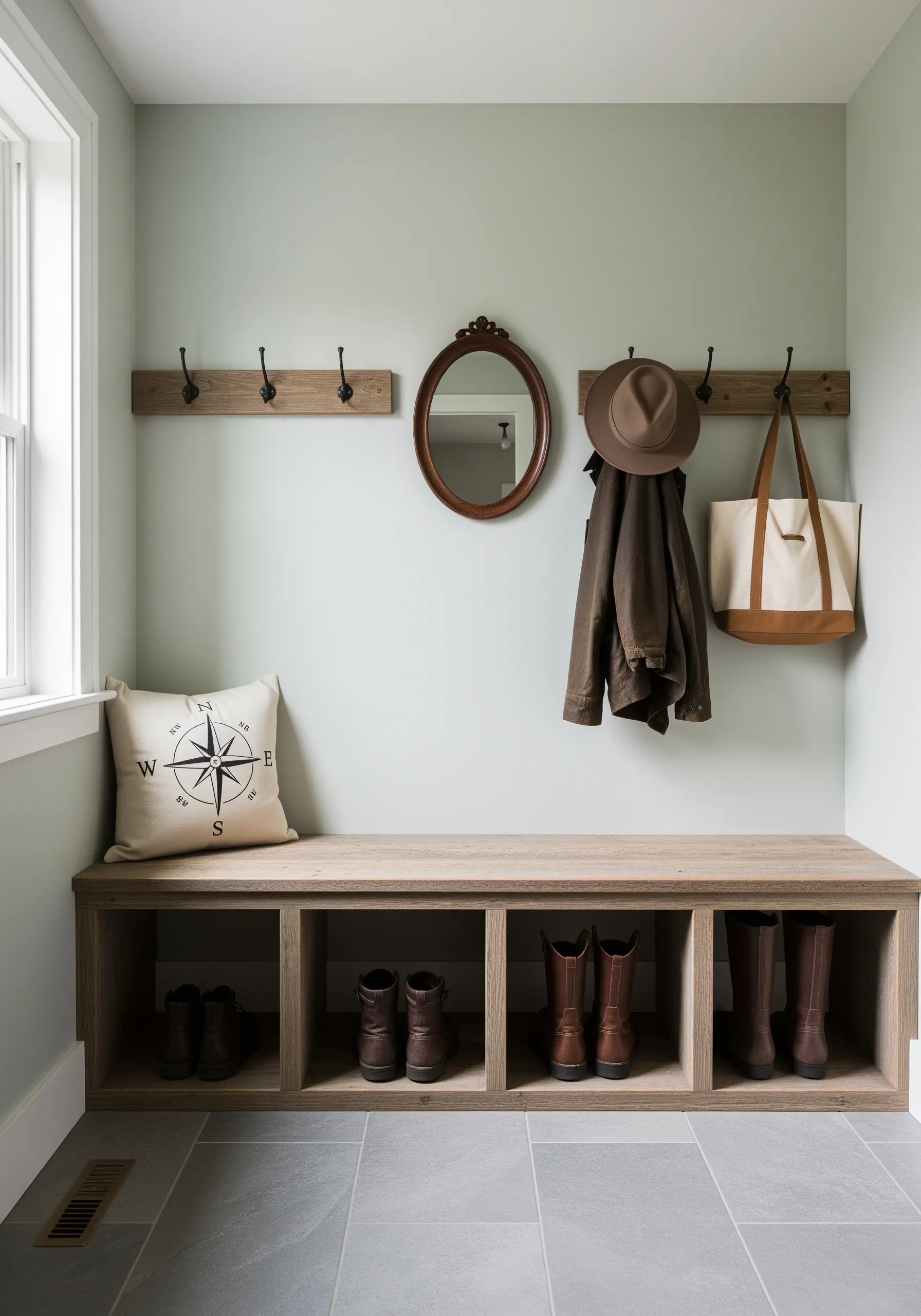 A minimal compass rose design embroidered in black thread on a pillow.