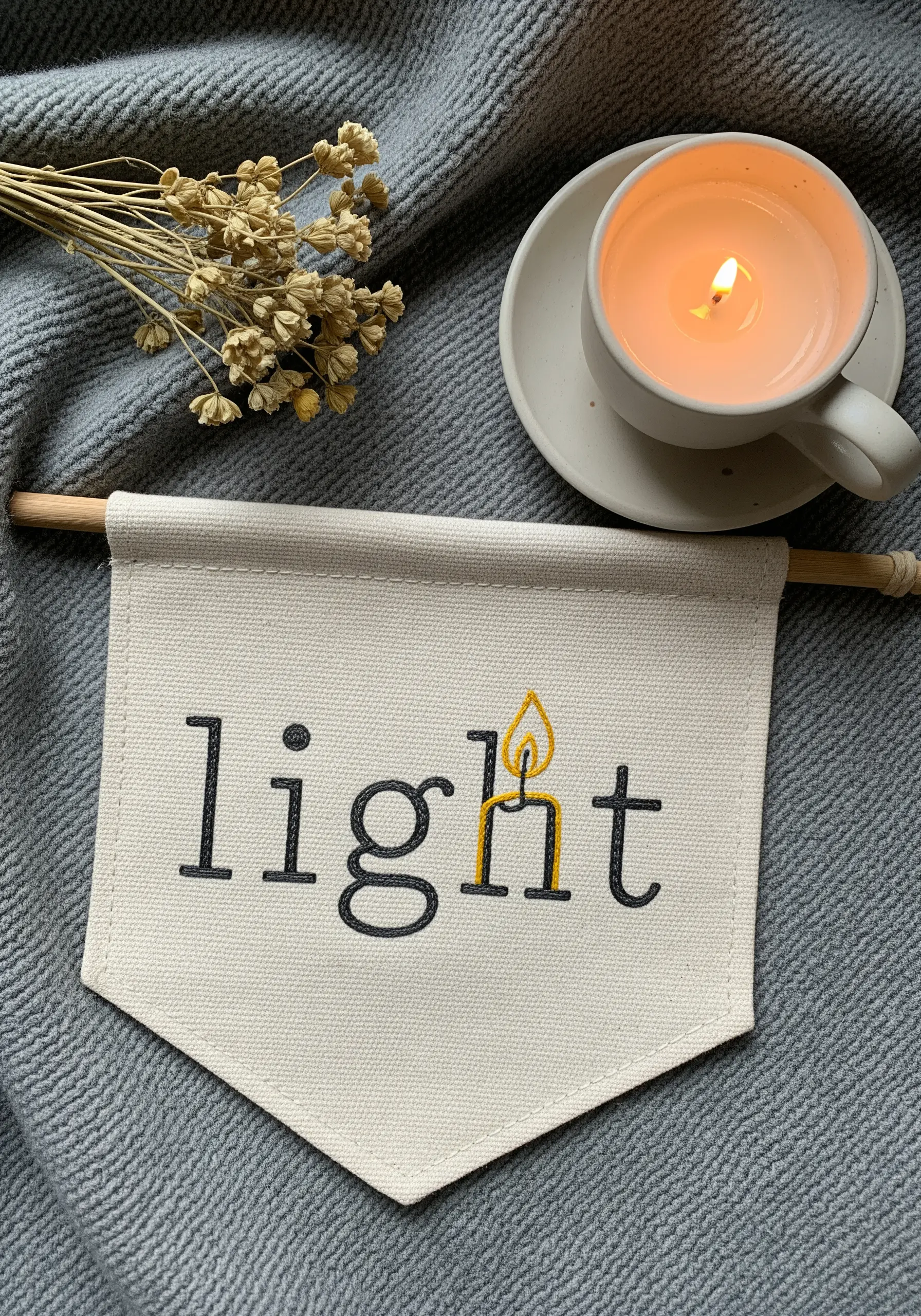 The word 'light' embroidered on a small banner, with the dot of the 'i' as a candle flame