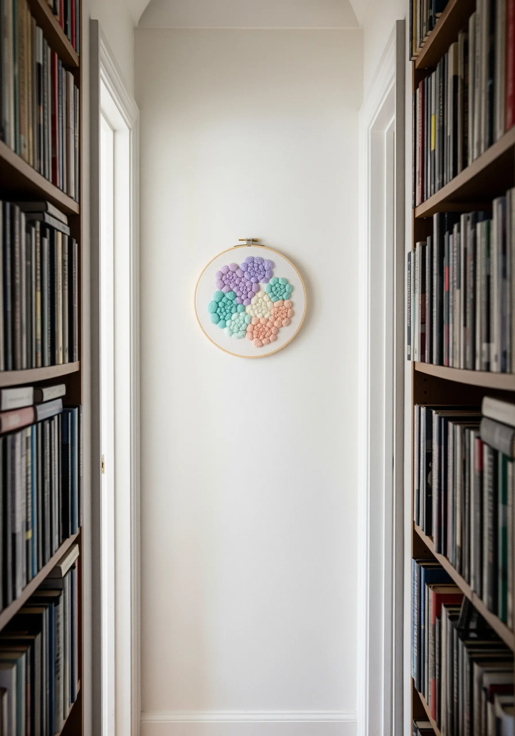 An embroidery hoop filled with soft, pastel-colored clusters of French knots, hung in a narrow hallway.