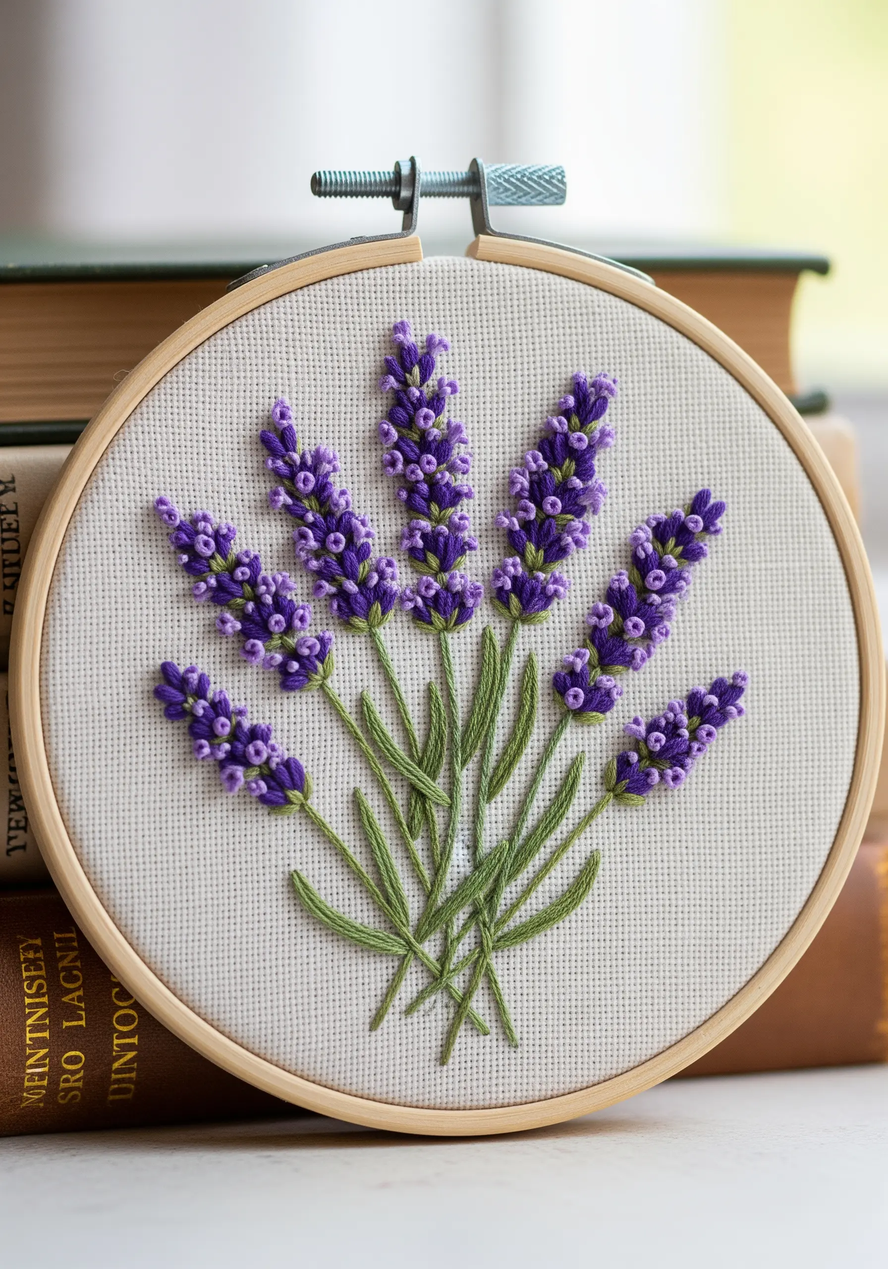 A bouquet of lavender embroidered with purple French knots and green stems