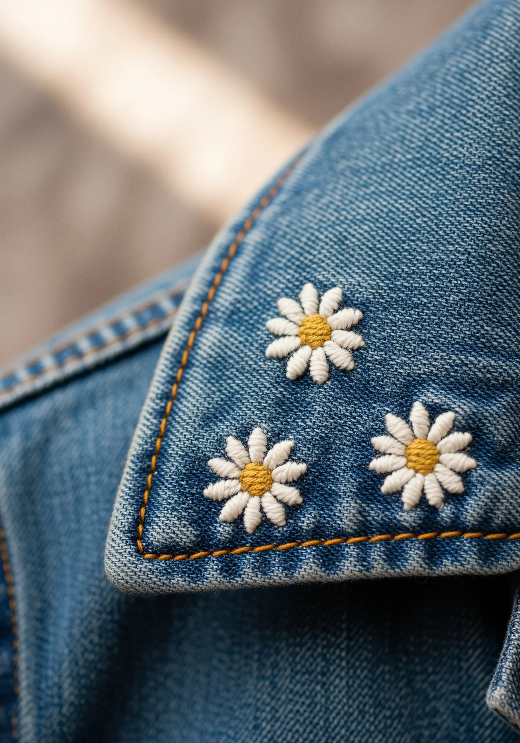 Three small daisies with white petals and yellow centers embroidered on a denim jacket collar.