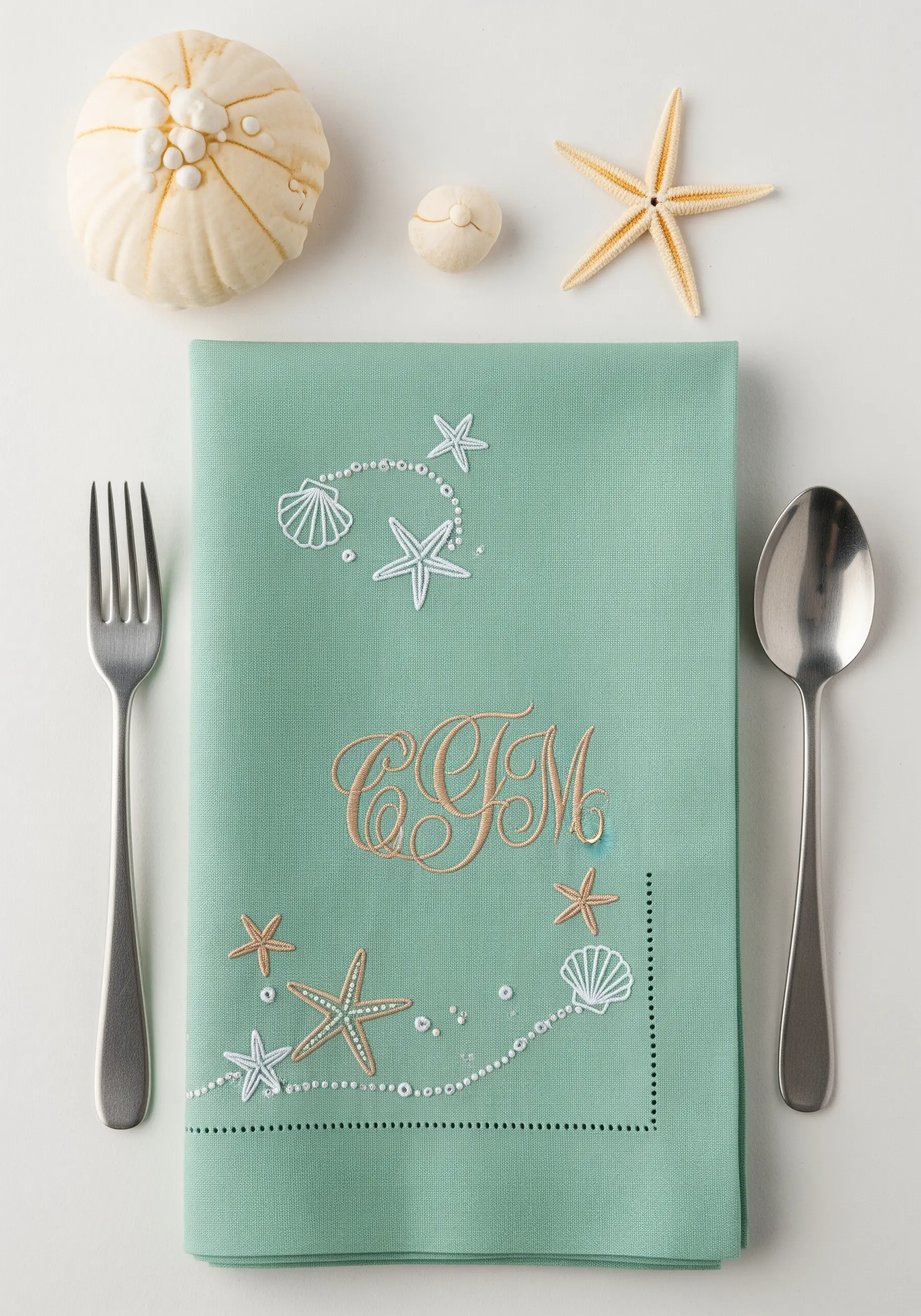 A seafoam green napkin embroidered with starfish, shells, and a delicate 'CTM' monogram.