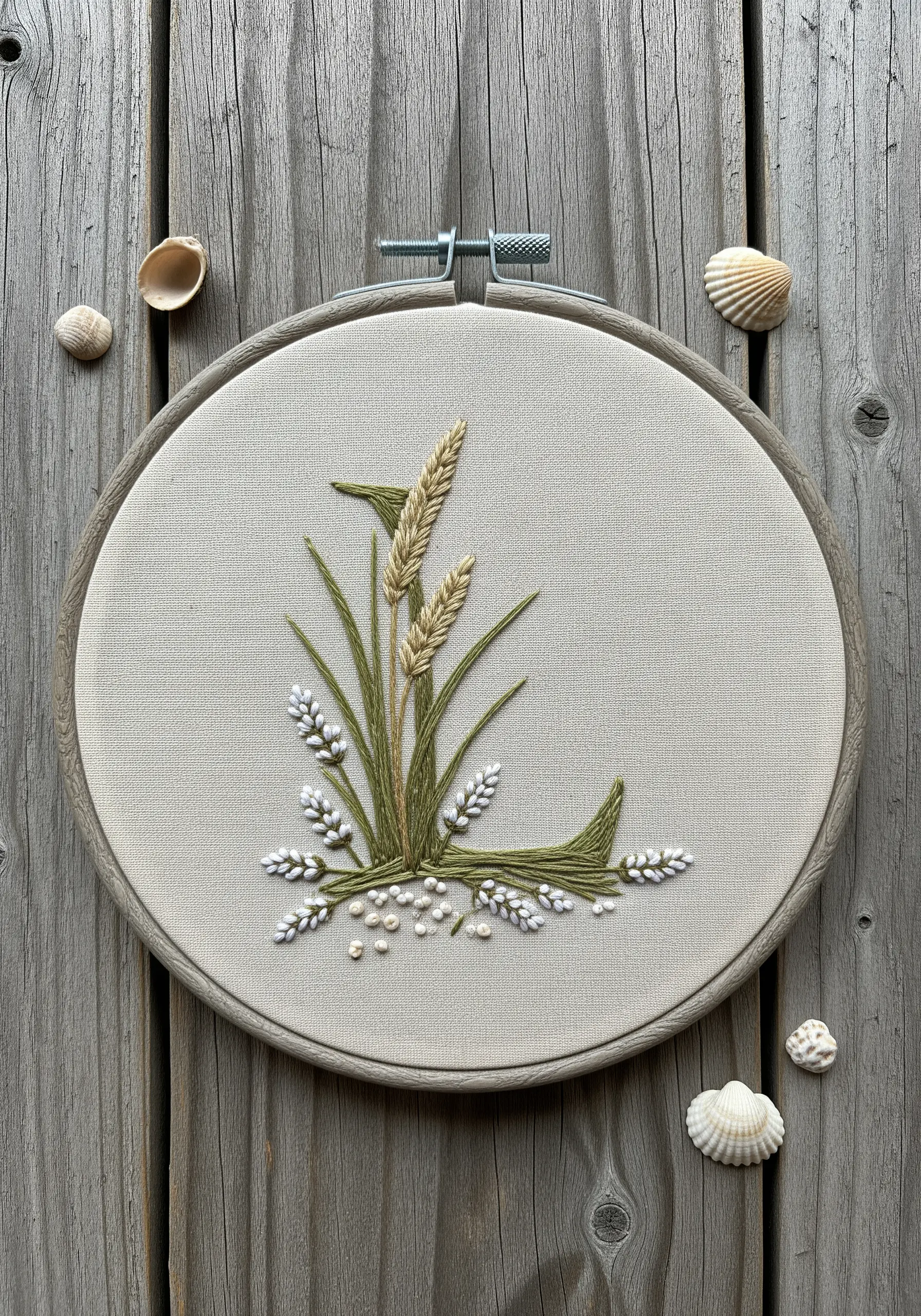 Letter L embroidery with coastal wheat grasses, white flowers, and scattered pearl beads.