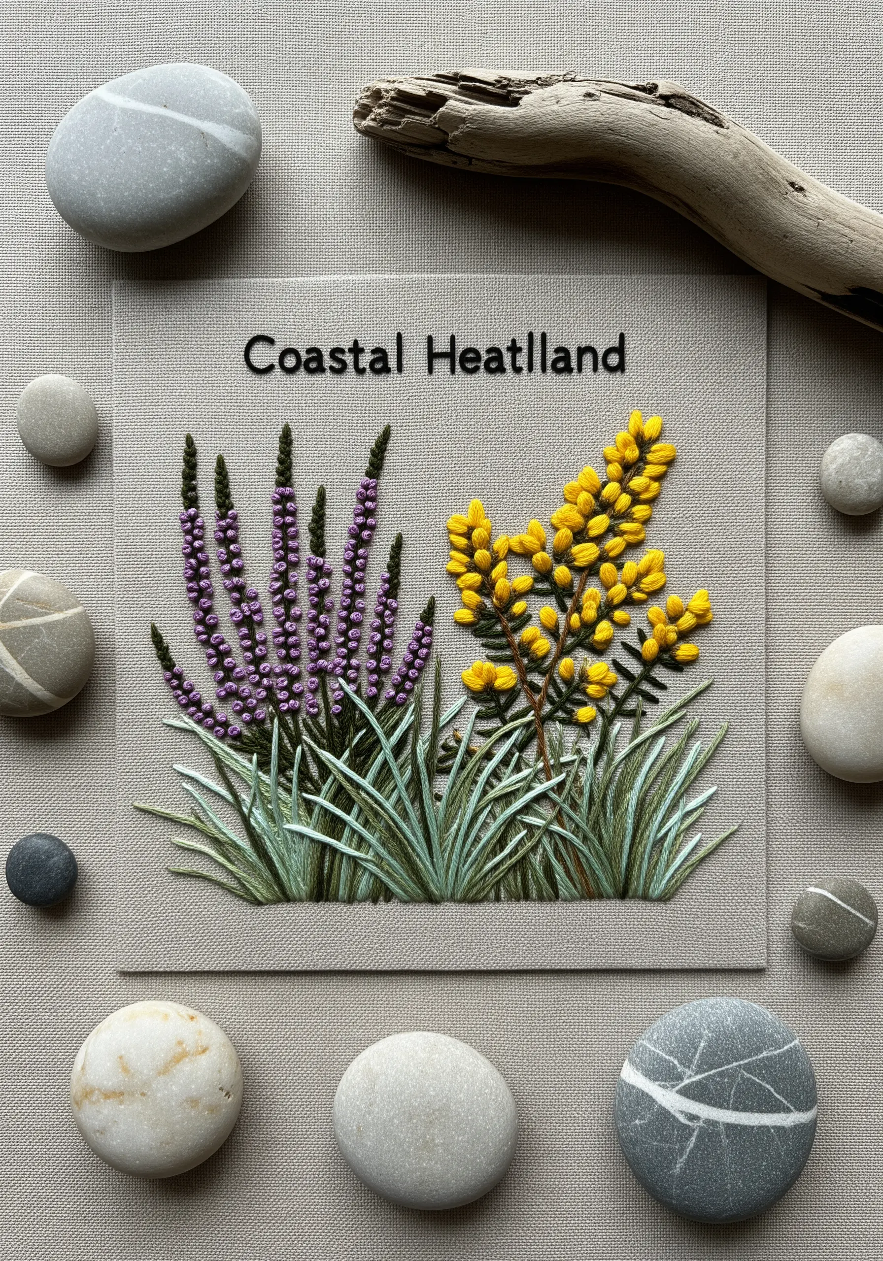 Embroidery of purple heather and yellow gorse, labeled 'Coastal Heathland.'
