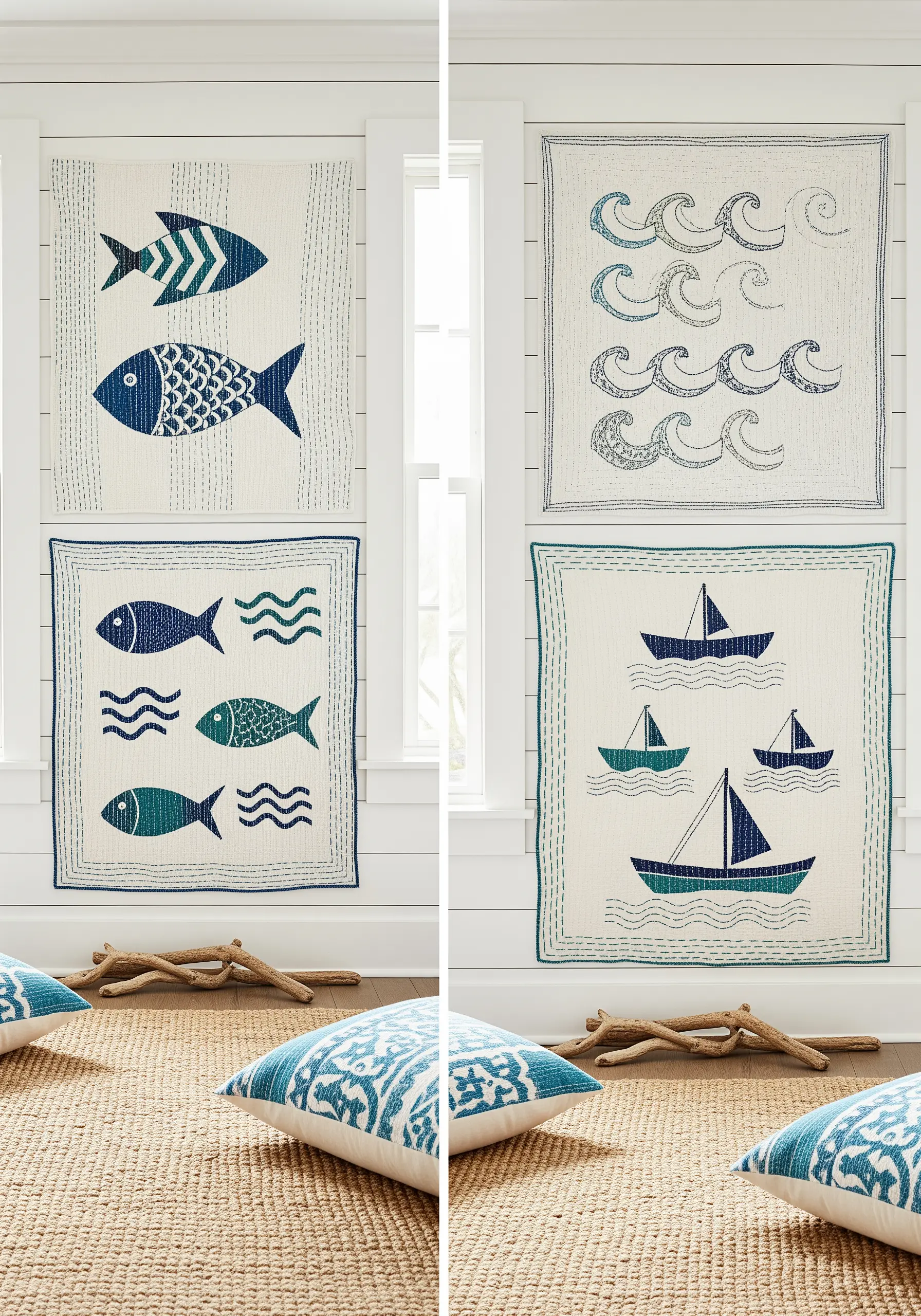 Four framed Kantha embroidery pieces with minimalist coastal motifs like fish, waves, and boats.