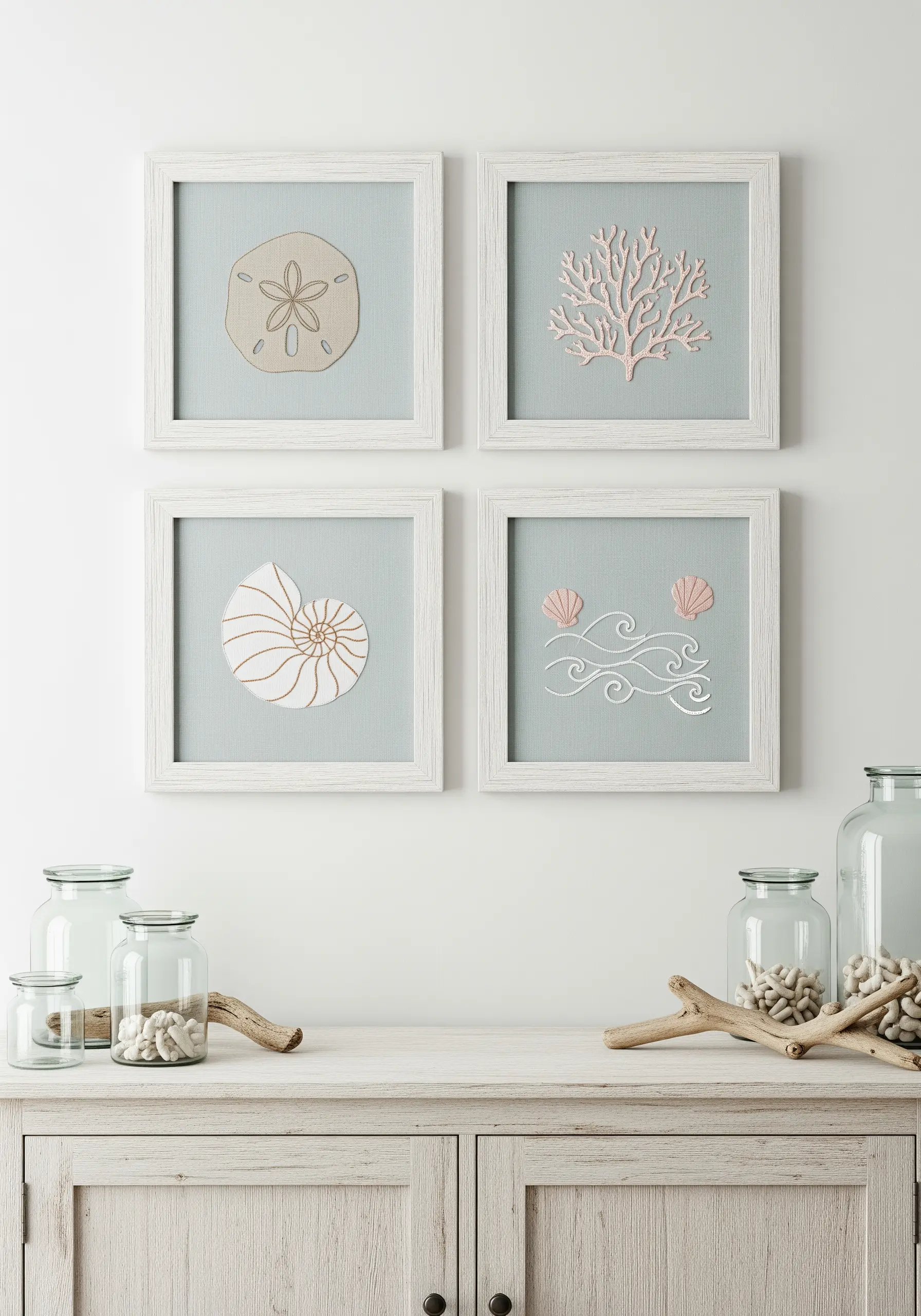 Four framed coastal embroidery pieces with appliqué and line work details.