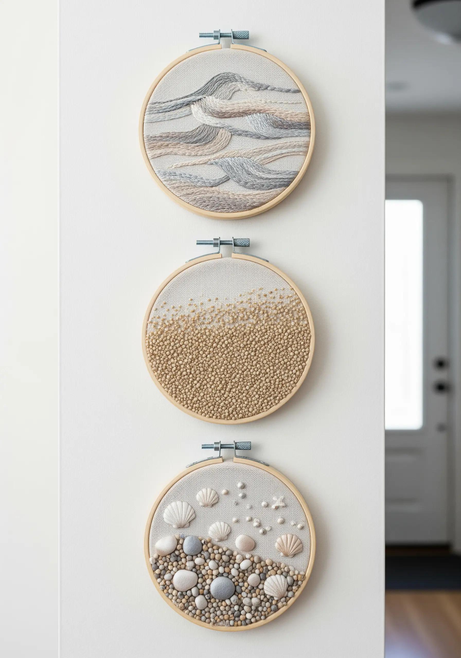 Three embroidery hoops displaying coastal textures: waves, sand (beads), and shells/pebbles.