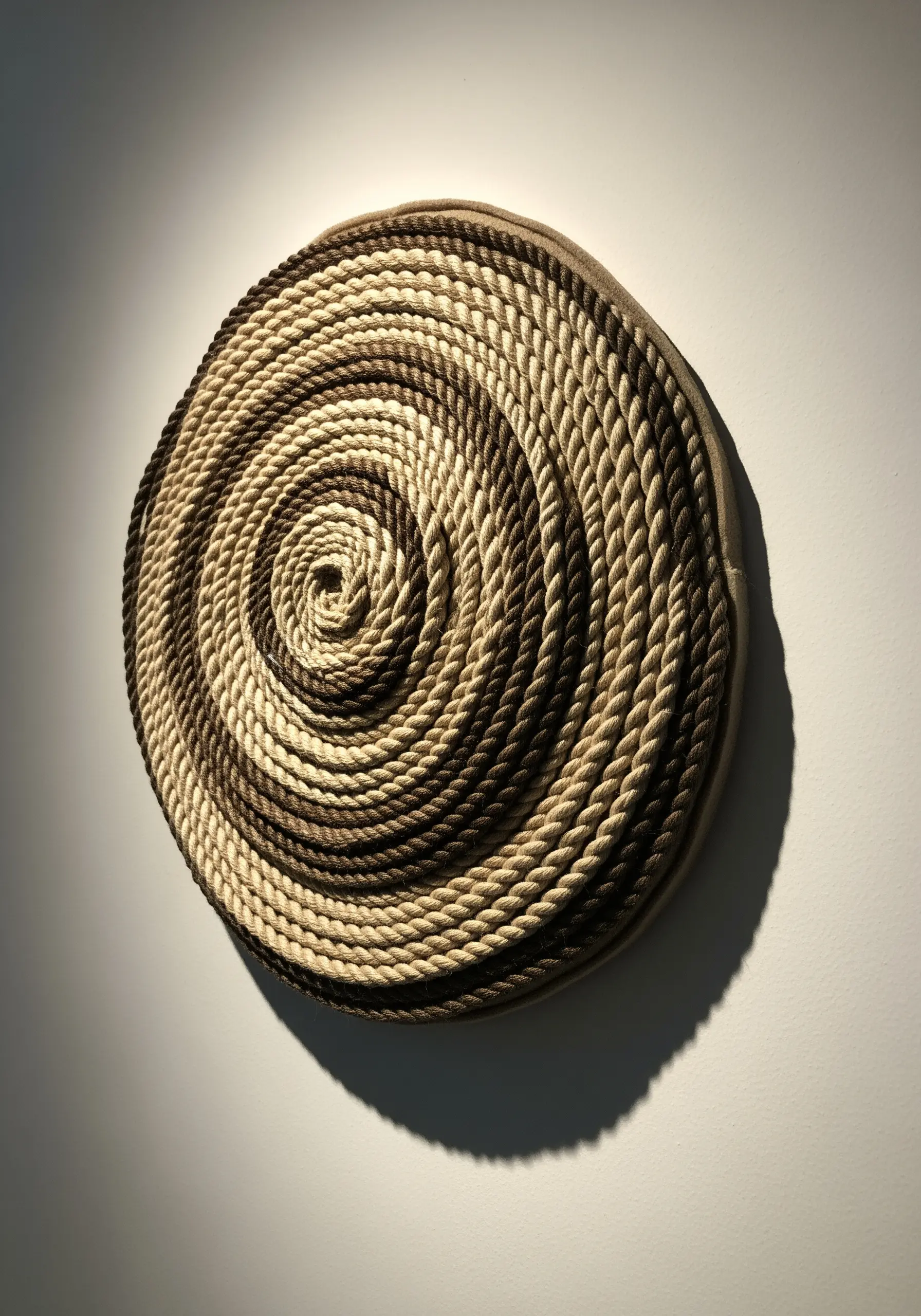 A round, sculptural wall art piece made from coiling and stitching thick, two-toned rope.